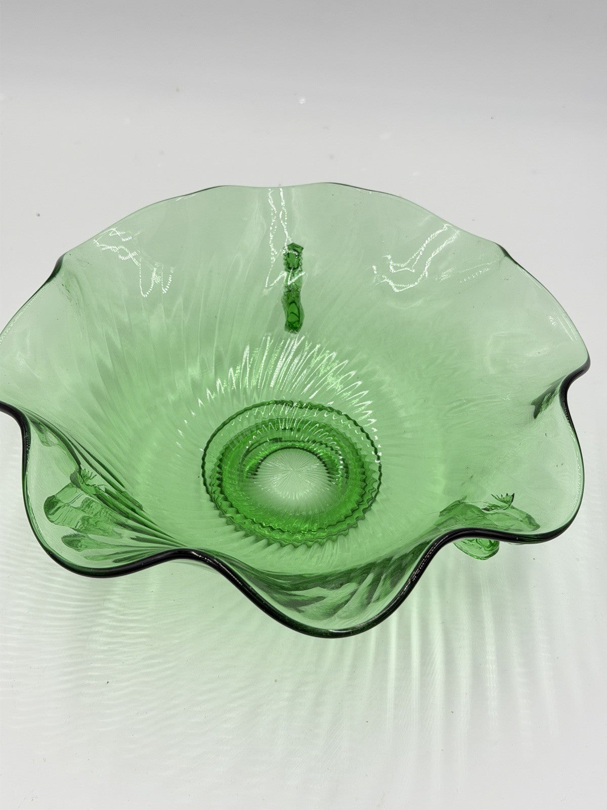 Rare Fenton Art Glass Green Emerald Scalloped Dolphin Art Deco Candy Bowl 3”x9”h