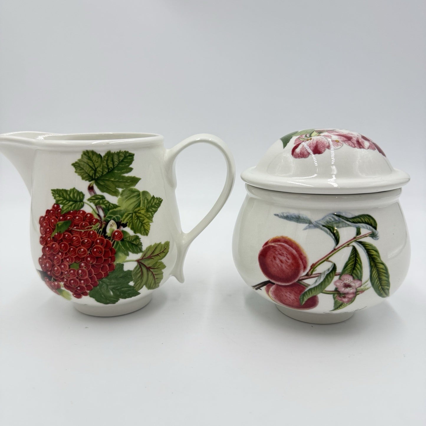 Vintage Portmeirion Pomona English China Creamer & Sugar Bowl Set Floral Fruit
