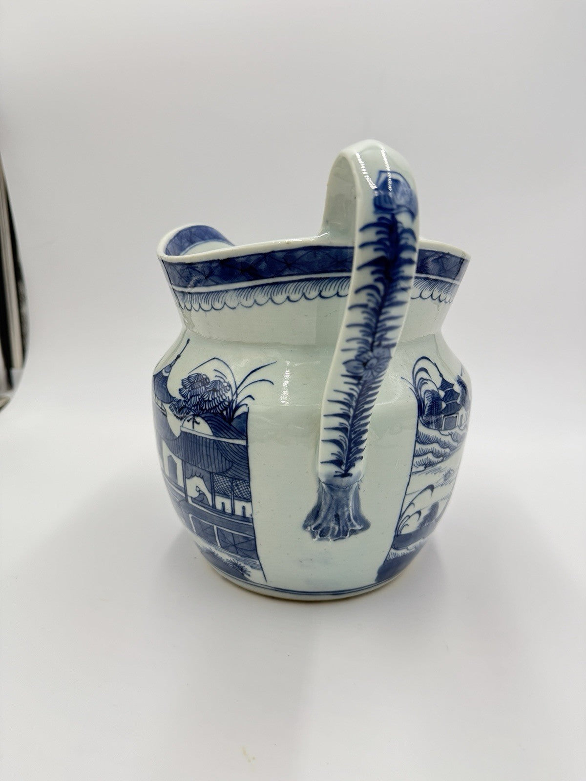 Antique Chinese Blue & White Canton Export Porcelain Large Pitcher 9”H x12” L