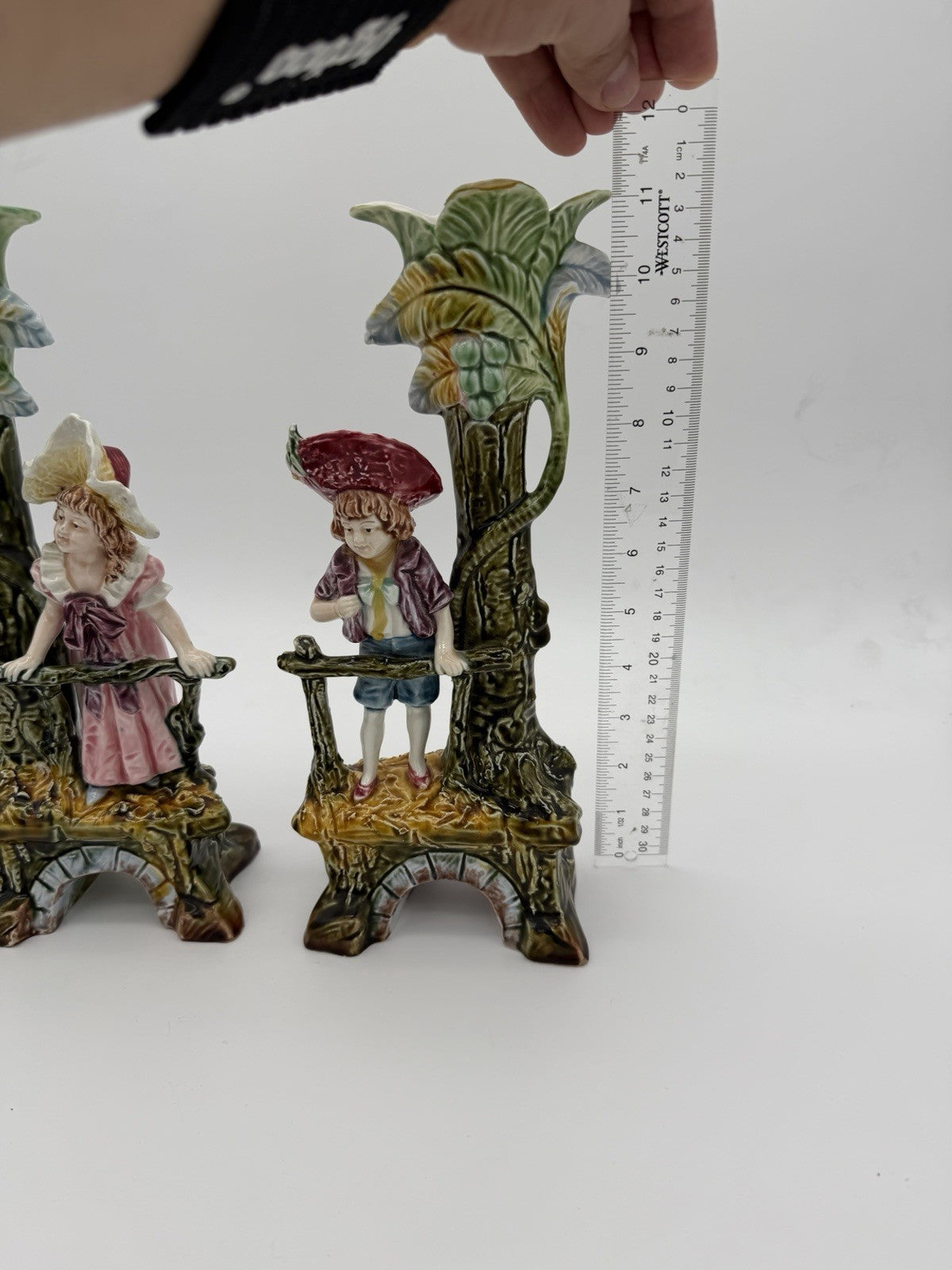 Antique Brothers Urbach Teplitz Bohemian Austrian Majolica Boy Girl Vase 11”
