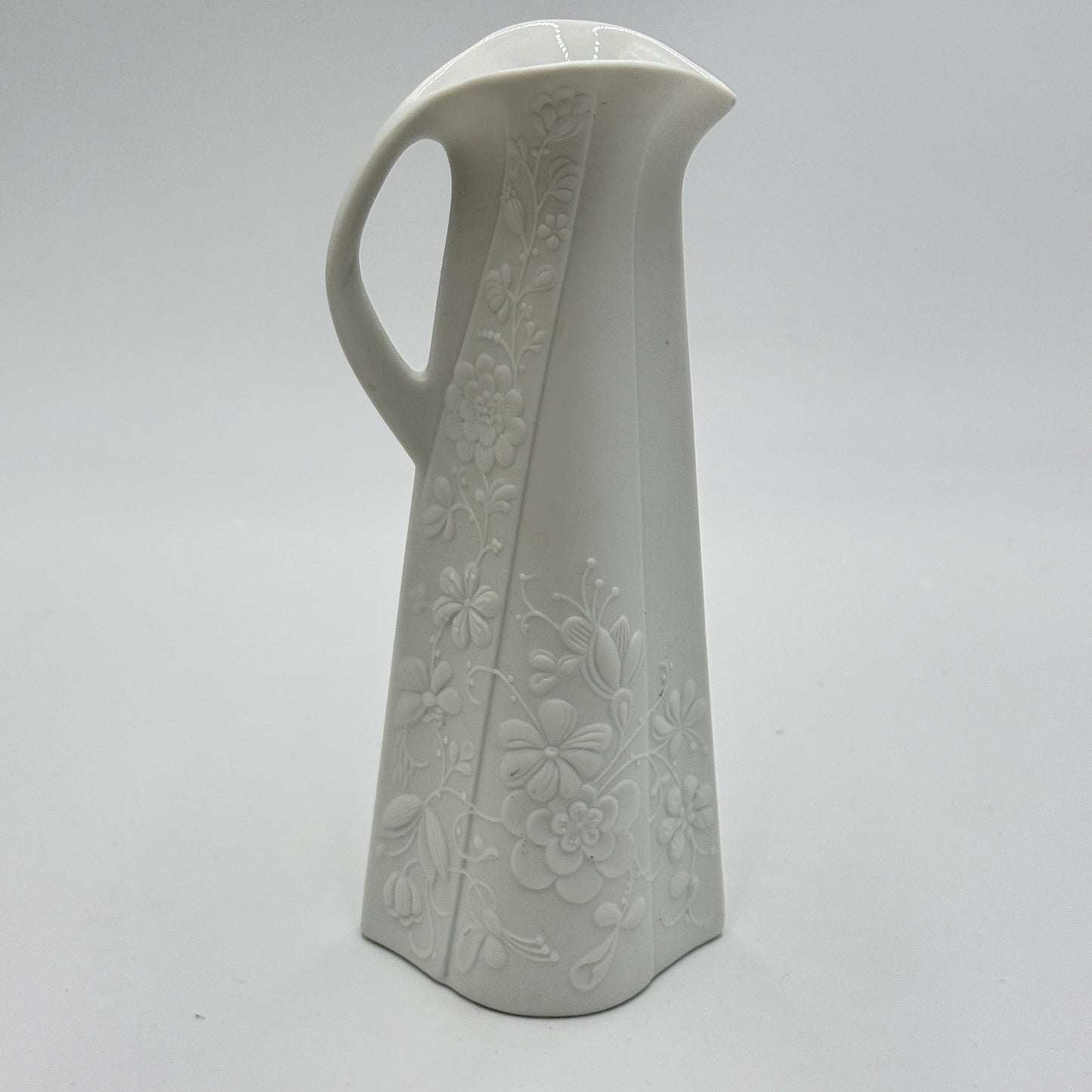 Kaiser Germany White Bisque Vase Embossed Floral Pitcher 8" By M.Fray Porcelain