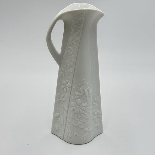 Kaiser Germany White Bisque Vase Embossed Floral Pitcher 8" By M.Fray Porcelain