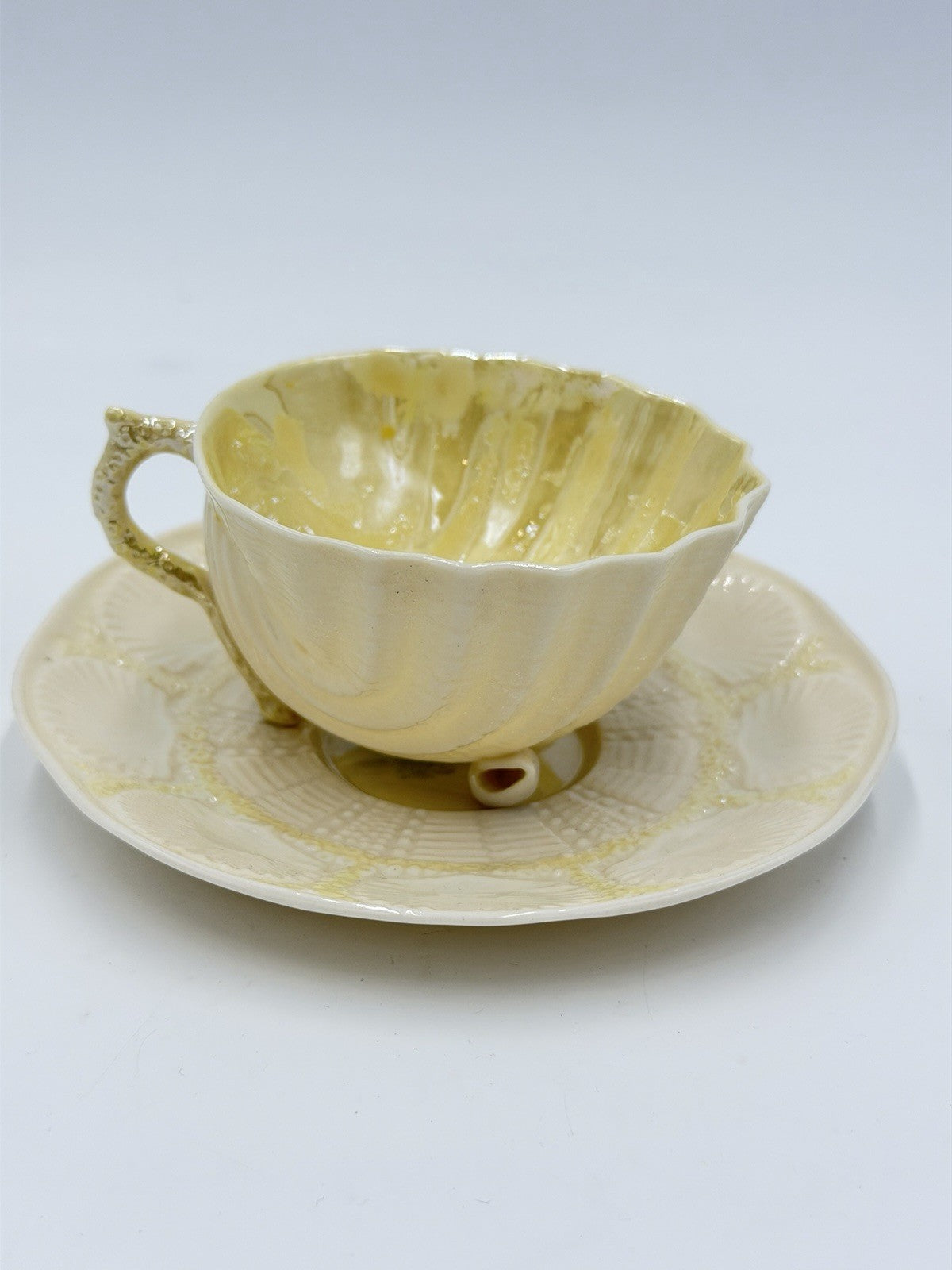 Belleek Neptune Yellow Seashell Footed Demitasse Tea Cup & Saucer Green Mark