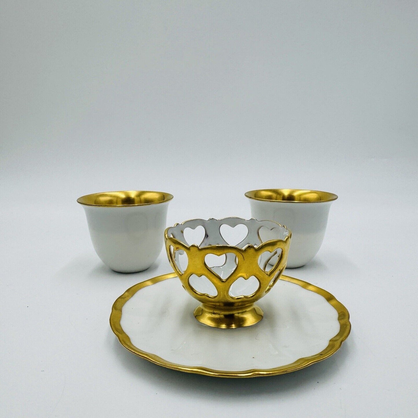 French Porcelain Gold Trim Egg Cups 3 Pieces Unmarked Rare Antique Serveware