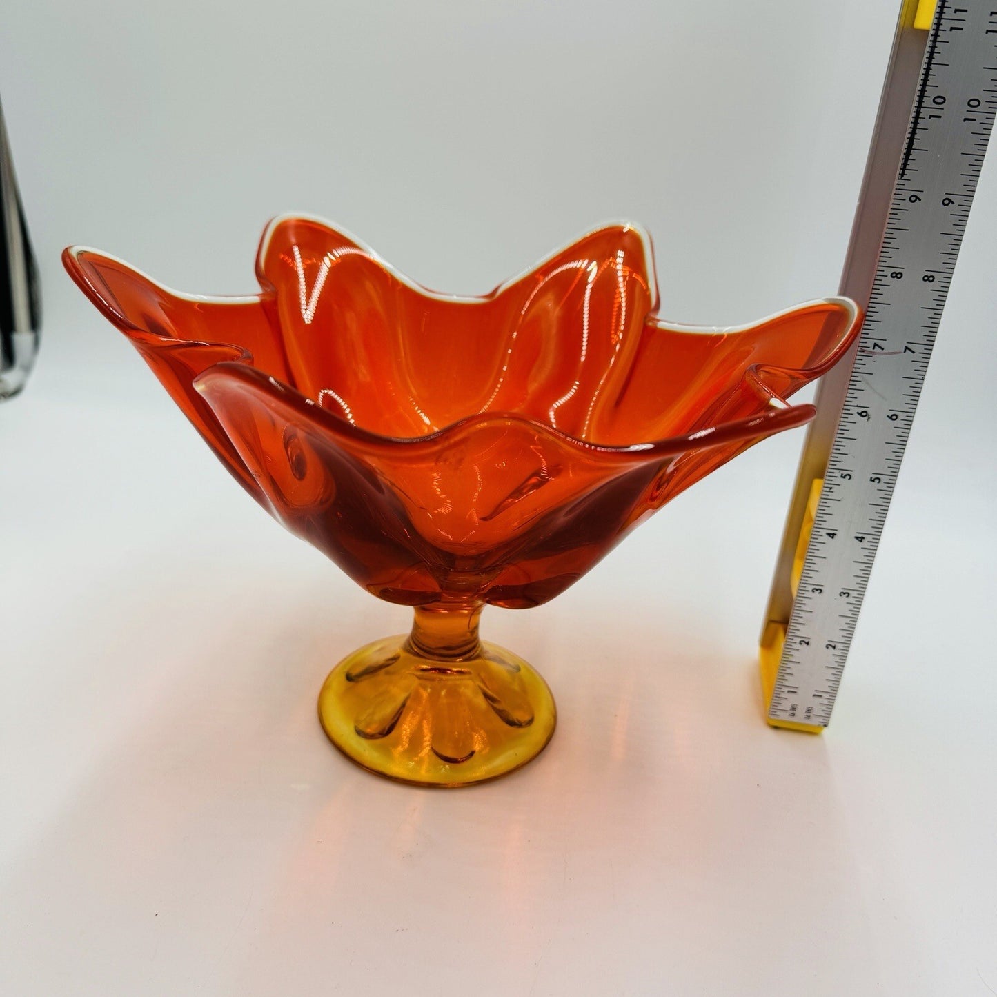 Viking Art Glass MCM Footed Amberina Orange Compote Epic 6 Petals Bowl 7.5”x 11"