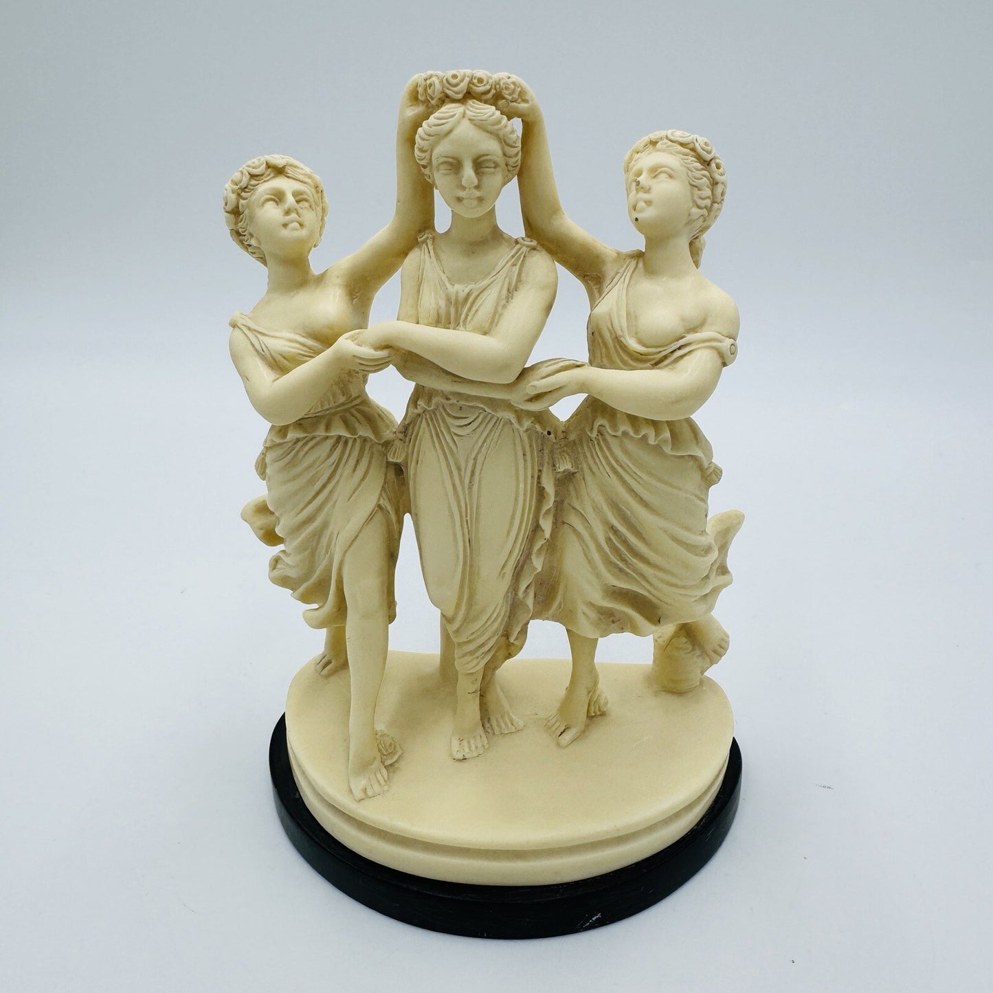 Signed P.A.T Italy Alabaster Three Graces Figurine Marble Black Base Sculpture