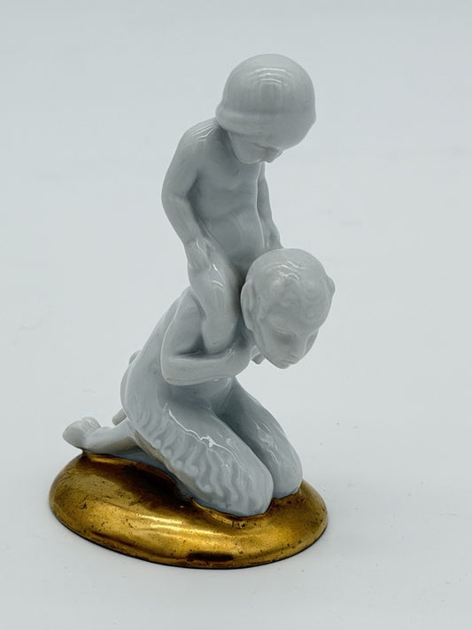 Antique Fraureuth Saxony Art Nouveau Germany Faun & Baby White/Gold Figurine 3.5