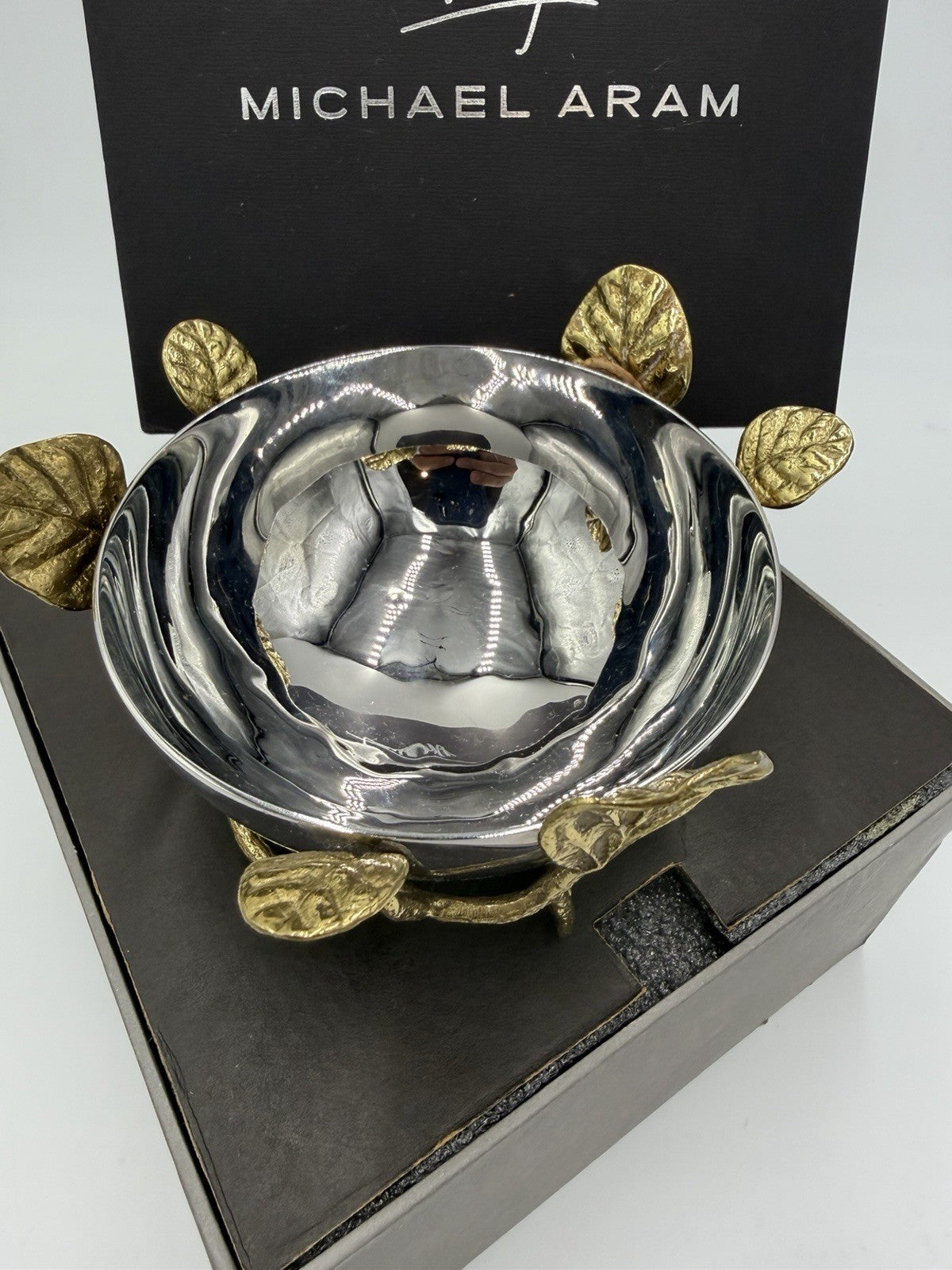 Michael Aram Botanical Lovebirds Ginkgo Branch Stainless Gold 3”x5” Nut Bowl