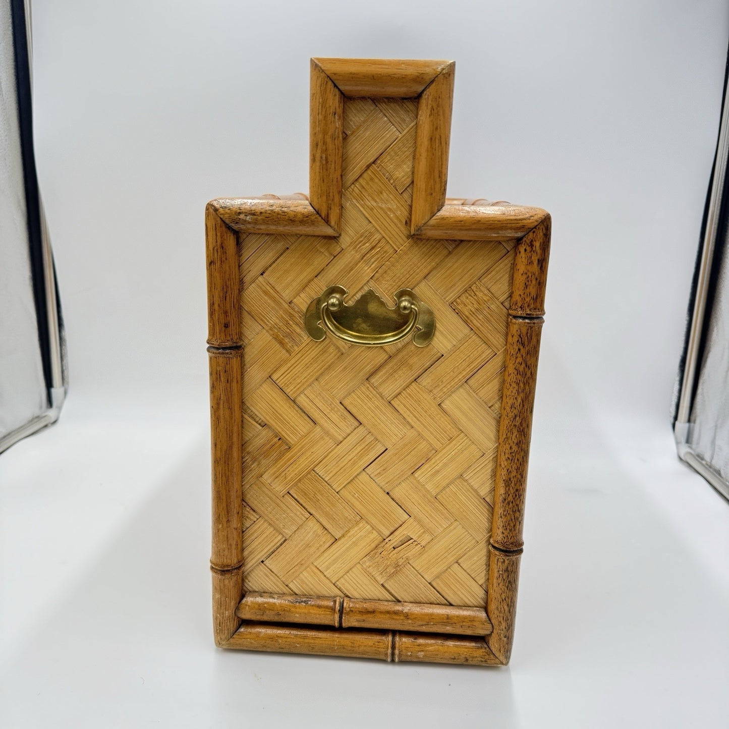 MCM Bamboo & Brass accents Wicker weave rattan magazine rack