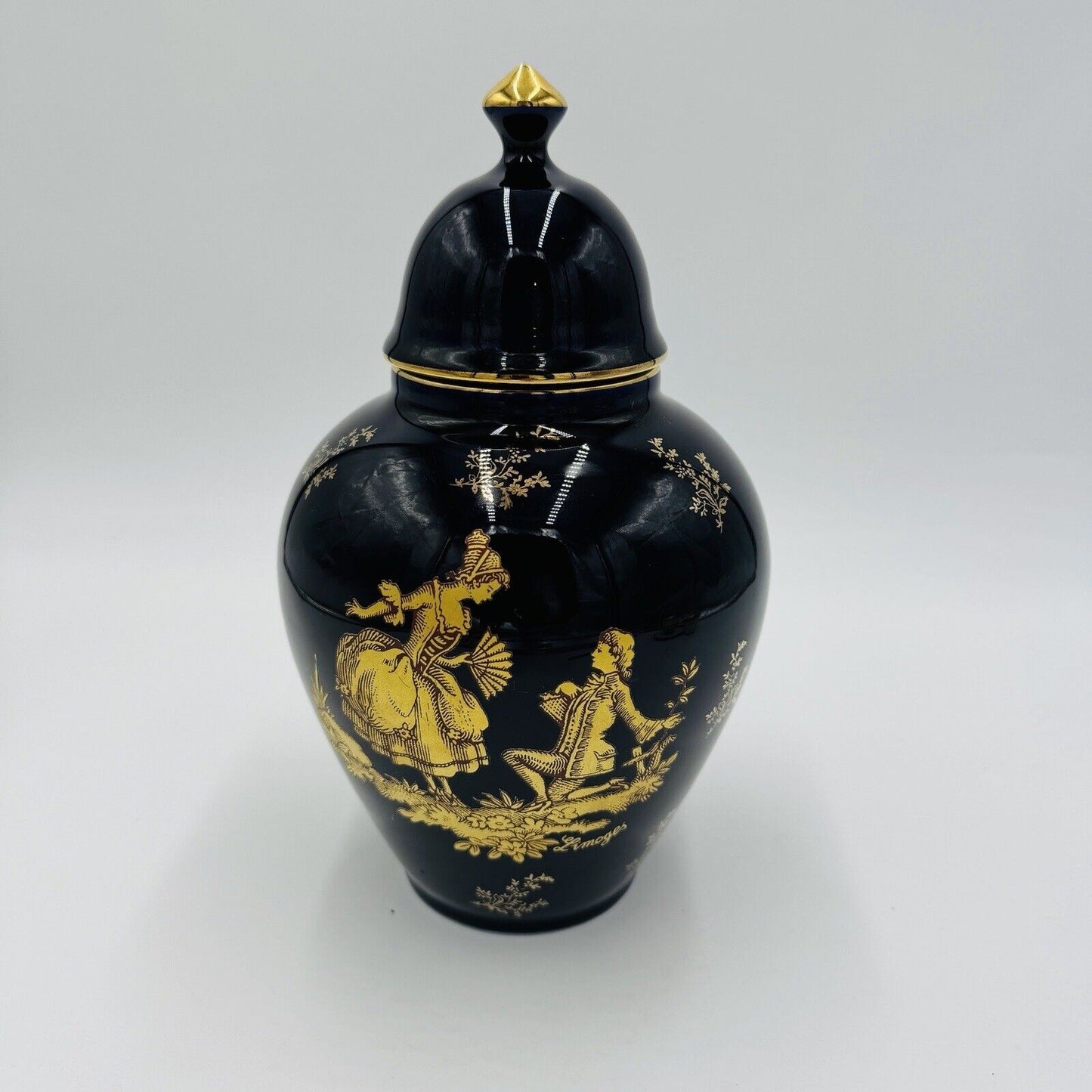 Limoges France Cobalt Blue Urn W/ Lid courting couple porcelain 9.5” Gold Trim