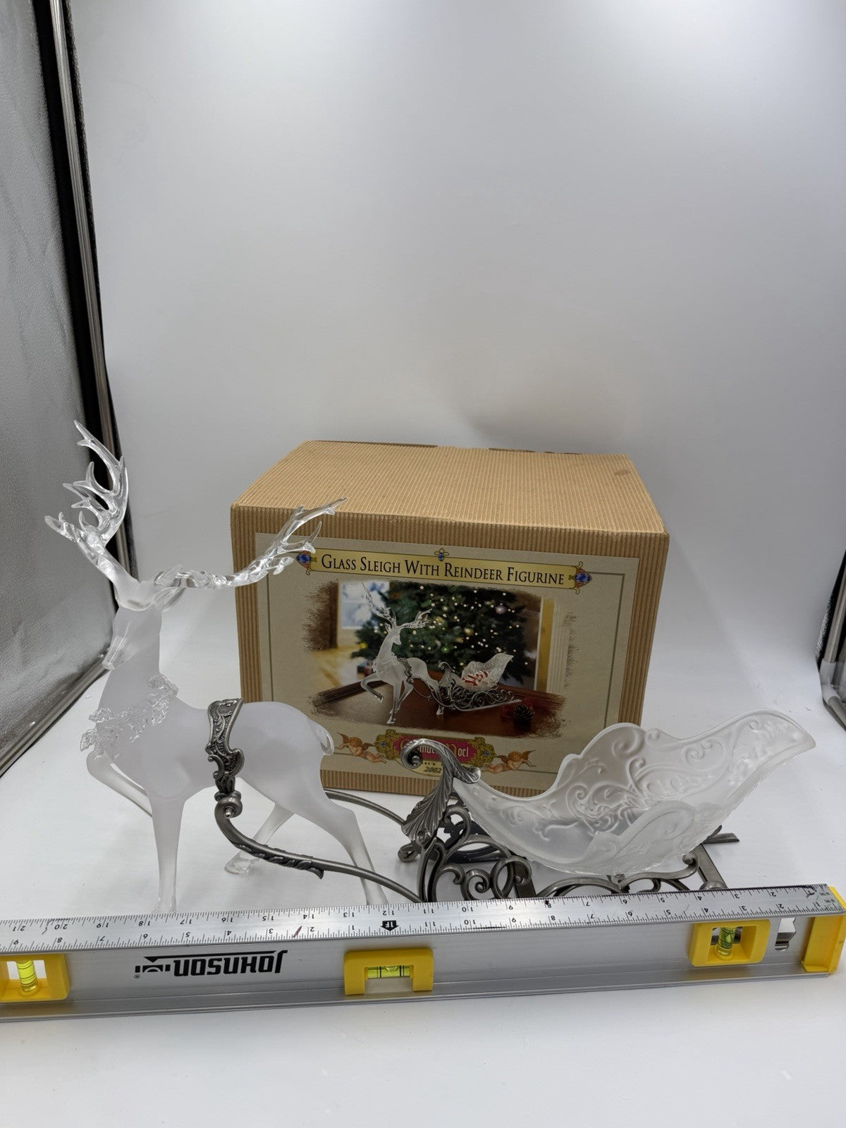 Grandeur Noel Glass Sleigh With Acrylic Reindeer Figurine Christmas Vtg Decor