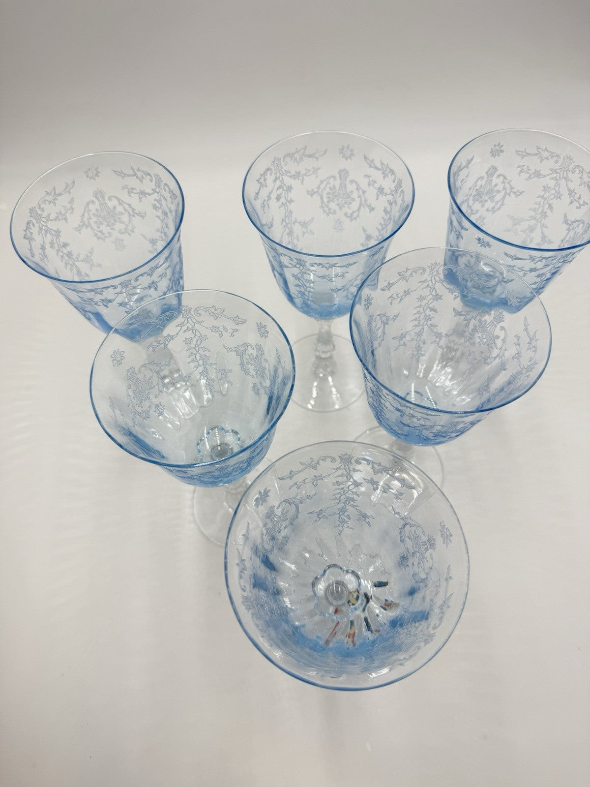 Fostoria Navarre Blue Art Glass Water Goblets Vintage Etched Floral 7.5” Set 6