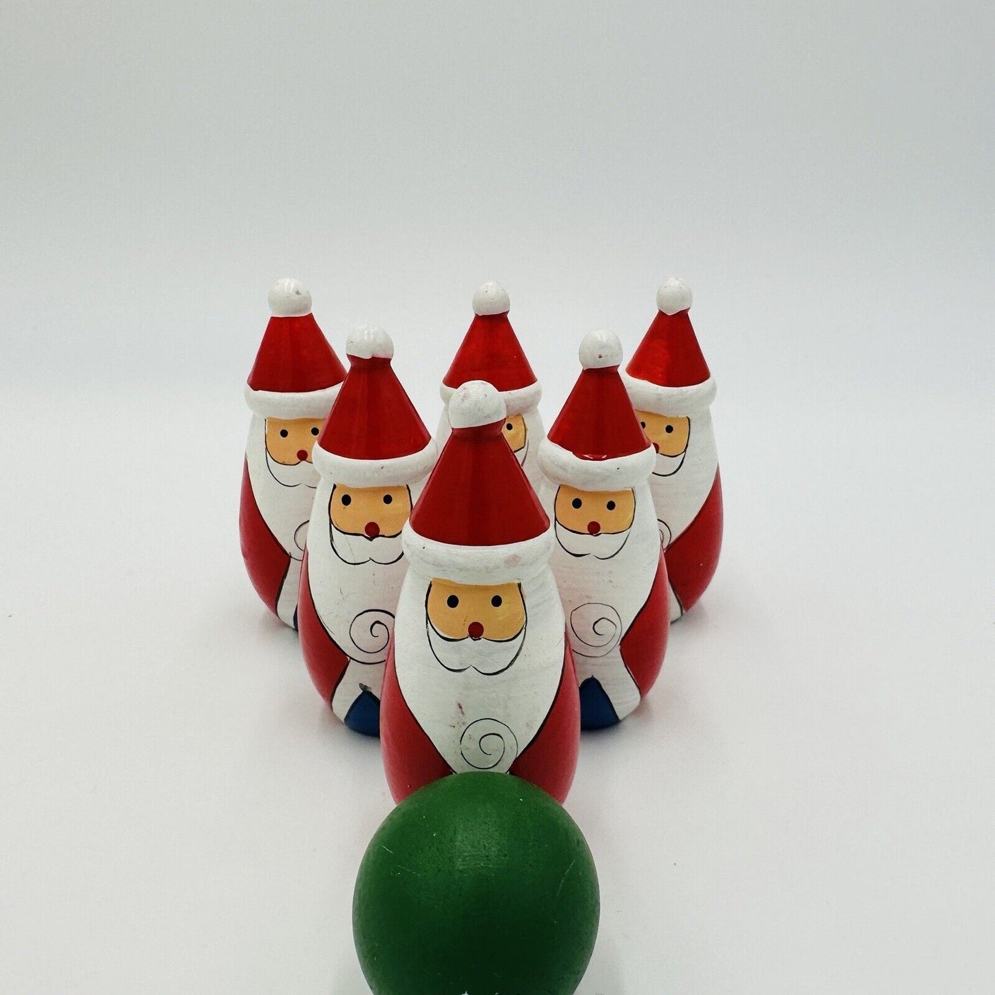 Bowling Pins Ball Santa Claus Wooden Christmas Decor Vintage Hand Painted Set