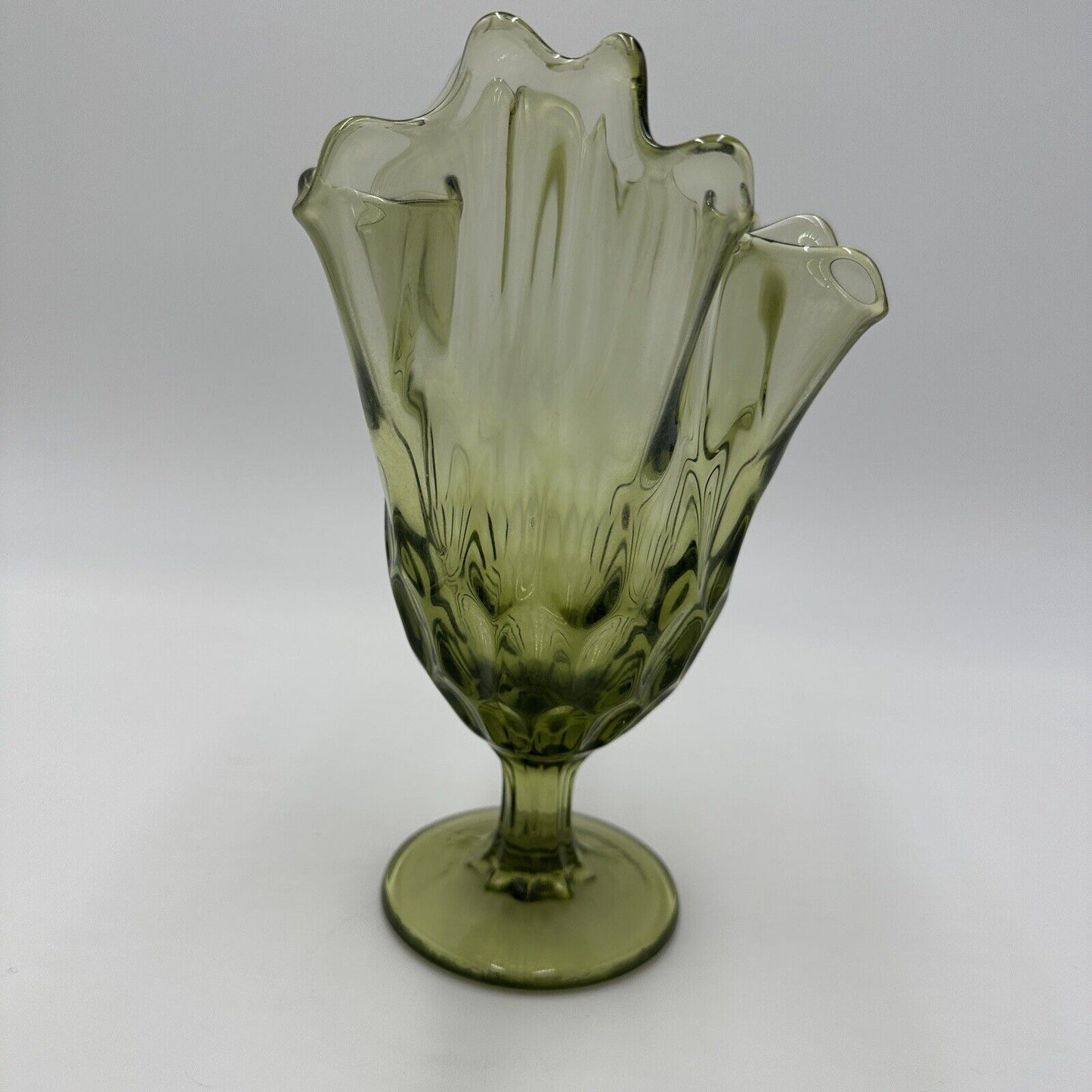 Fenton Vase Glass Colonial Green Thumbprint Handkerchief Compote Ruffled Art