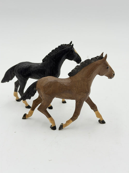 Vintage Swiss Folk Art Wooden Carved Horses Foals Figurines 3”H