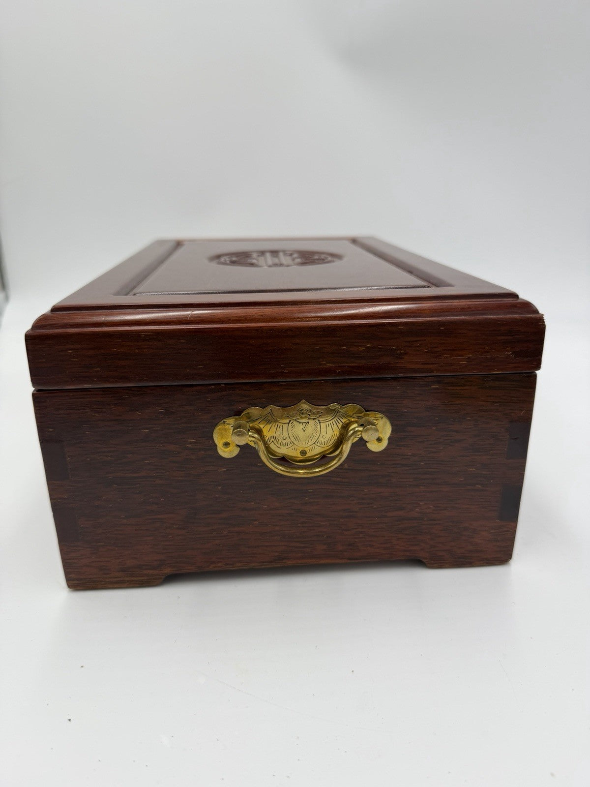 Vintage Chinese Jewelry Carved Rosewood Brass Accents Red Lining Jewelry Box