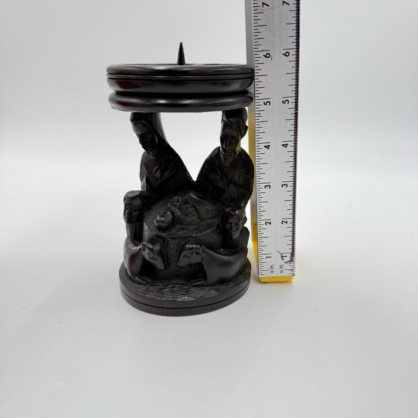 Vintage hand Carved Ebony Wood Nativity Candle Holder Solid Folk Art 6.5”
