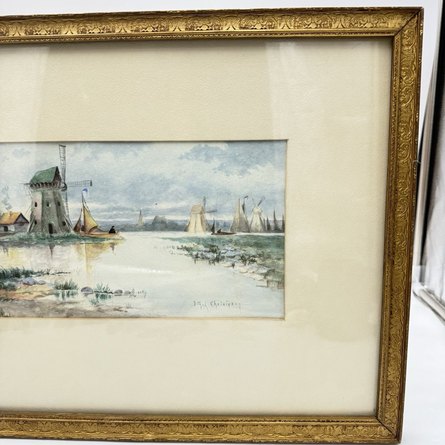 Dutch Scene Windmill & Boats Watercolor Painting signed Ethel Christpson Origin