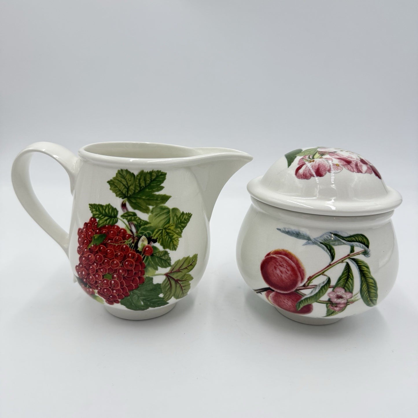 Vintage Portmeirion Pomona English China Creamer & Sugar Bowl Set Floral Fruit