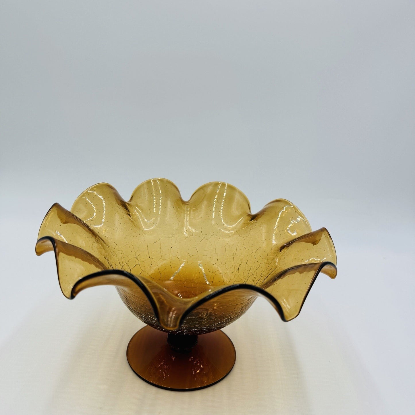 Blenko Art Glass Amberina Footed Vase Ruffled Crackled Compote 5.5in H x 9inW