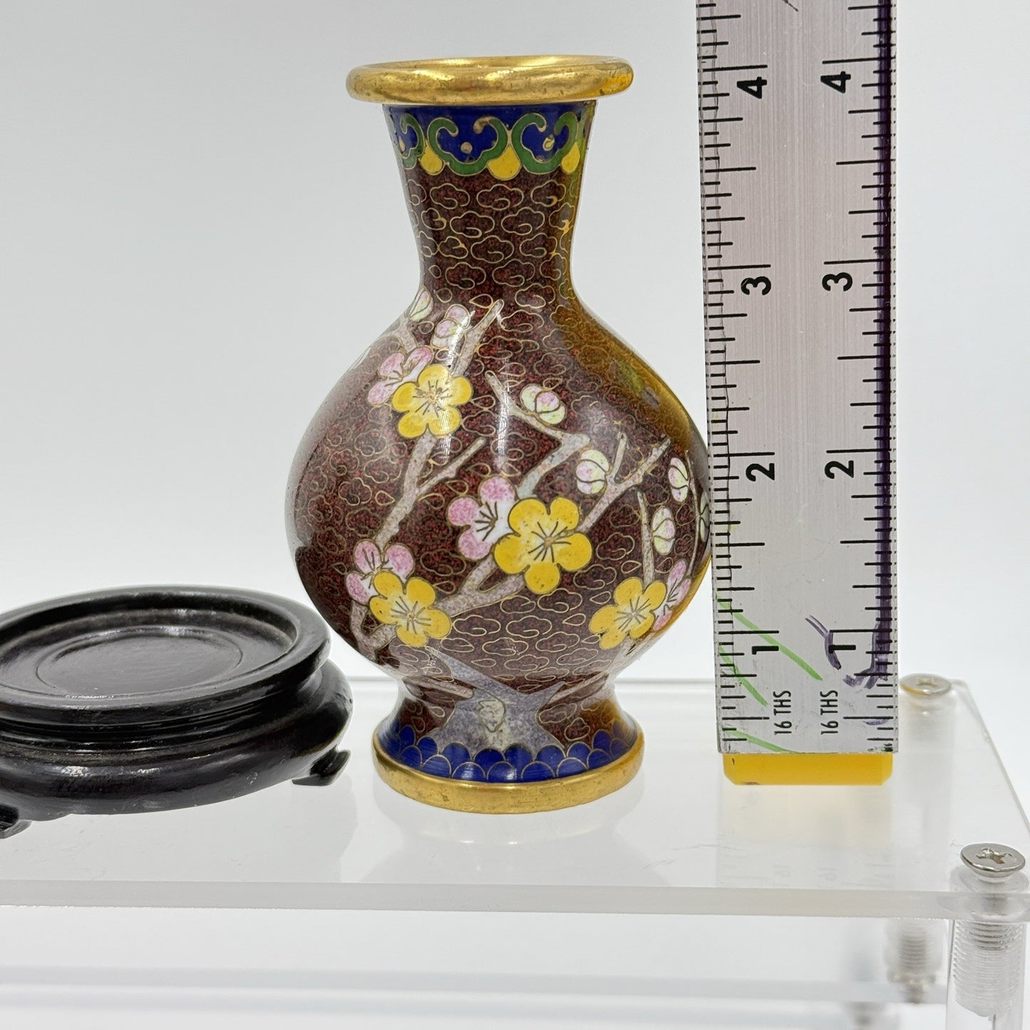 Vintage Cloisonne Enameled Cherry Blossom Brown Mini Vases Brass Chinese 4” Pair