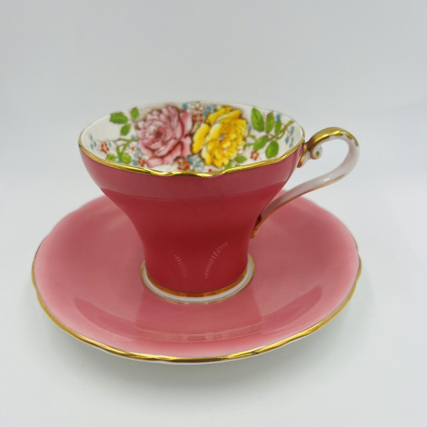 Aynsley Tea Cup and Saucer Set Cabbage Rose Pink Bone China T5025 Hand-painted
