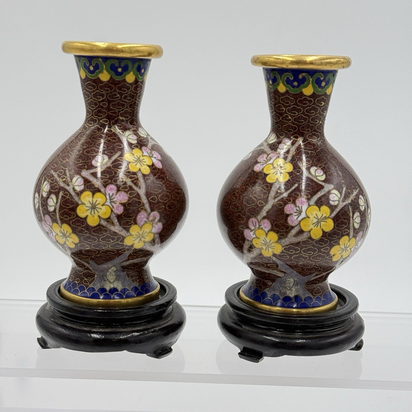 Vintage Cloisonne Enameled Cherry Blossom Brown Mini Vases Brass Chinese 4” Pair