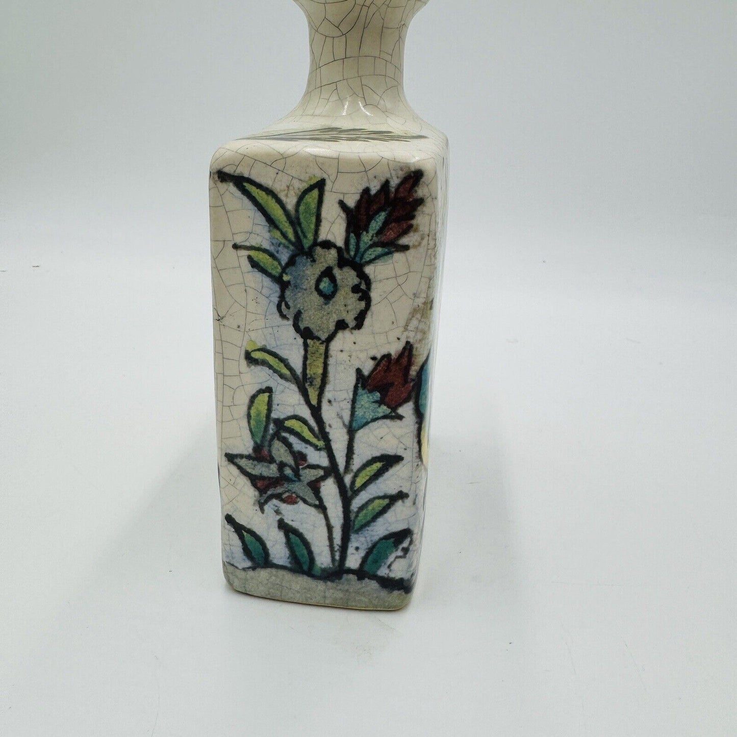 Pottery Barn Ikat Crackled Flower Vase Floral Birds 7” Original PB Sticker