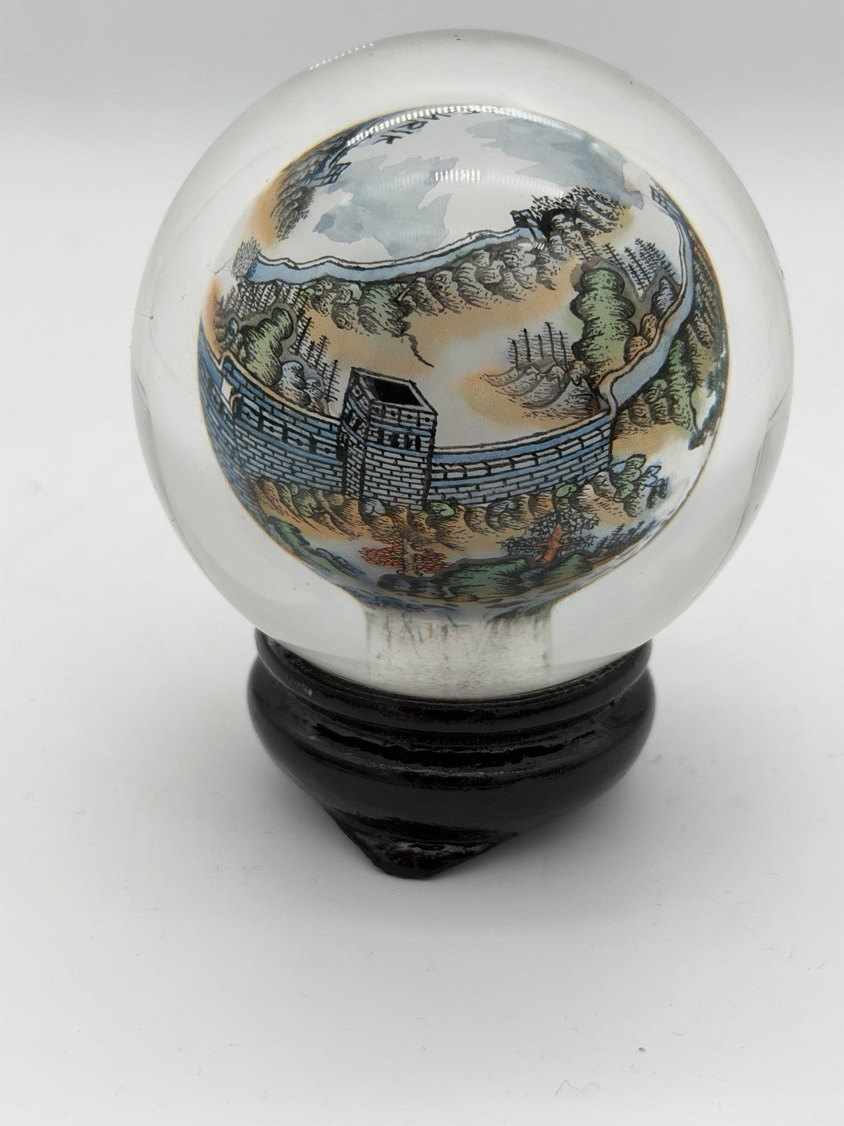Chinese Reverse Painted Great Wall Art Glass Crystal Ball Sphere Signed 3.5”