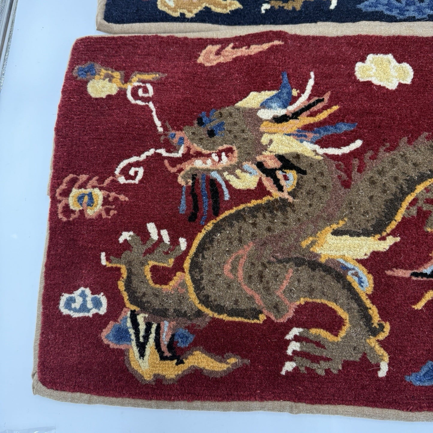 Vintage Art Deco Hand Woven Wool Dragon Chinese Throw Pillow Cases Blue and Red