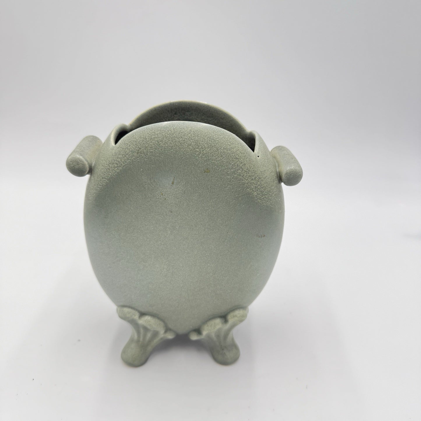 Celadon Art Pottery Green Footed Vase Double Handle Chinese 6.5”h X 2”w X 5.5”