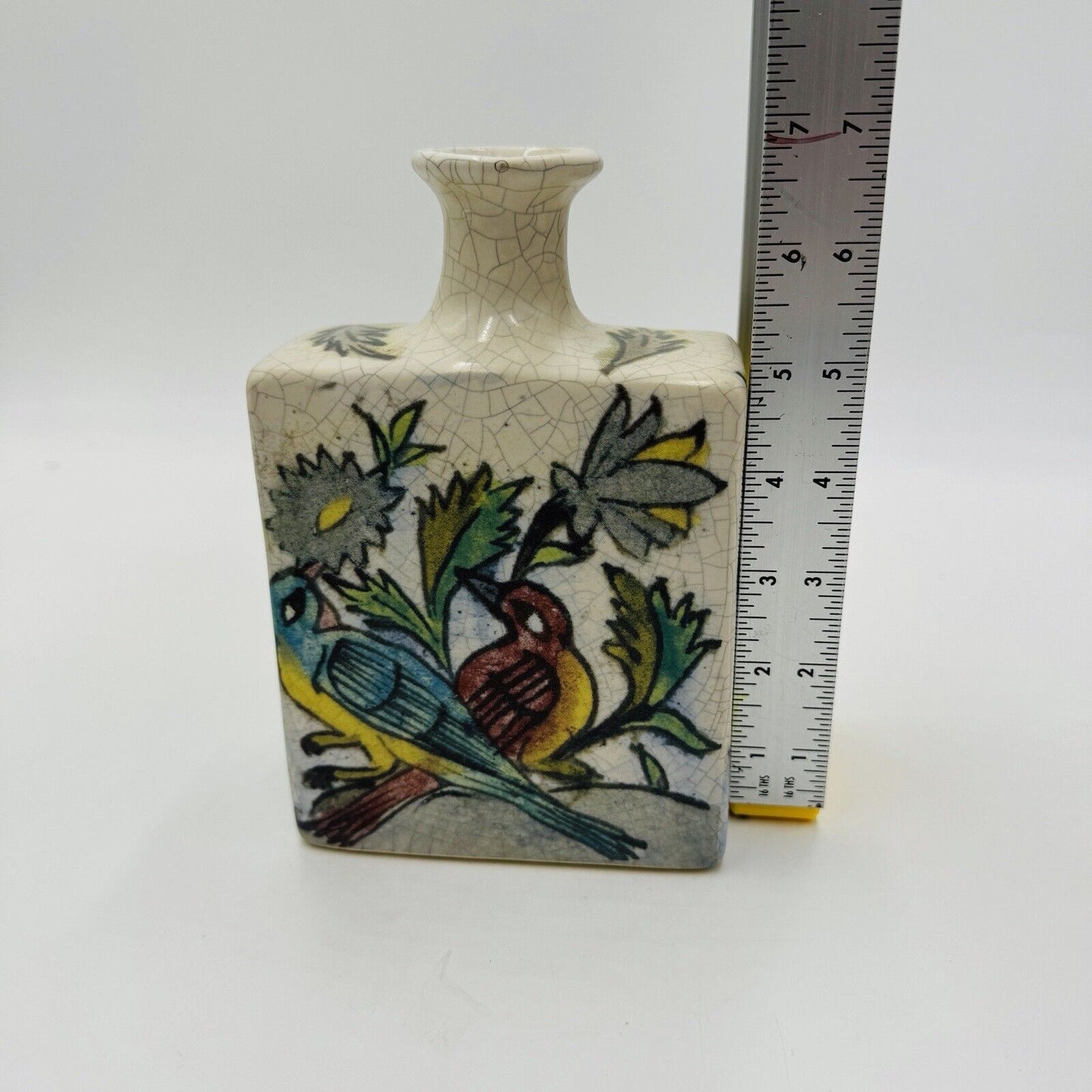 Pottery Barn Ikat Crackled Flower Vase Floral Birds 7” Original PB Sticker