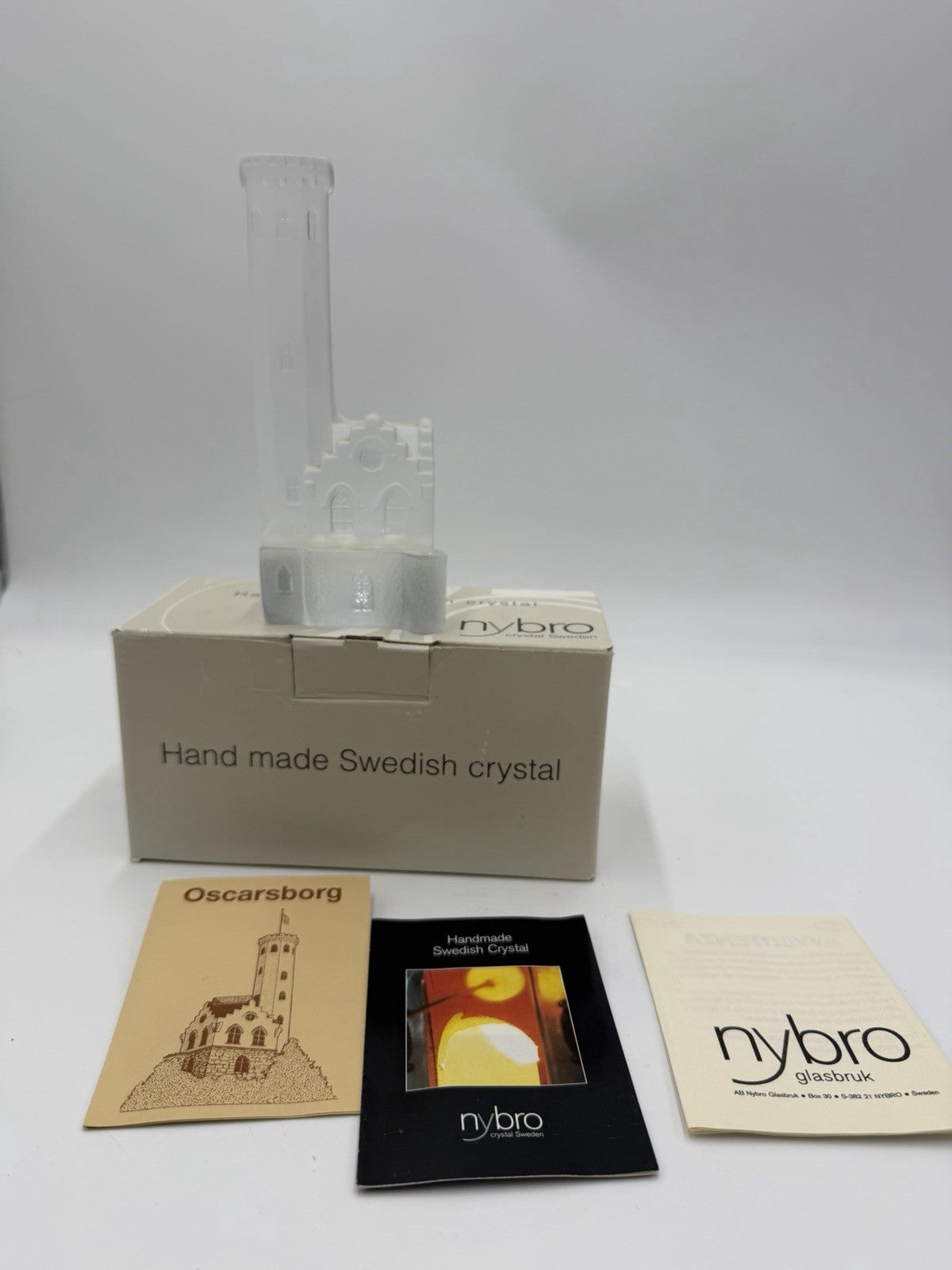 Nybro crystal Sweden votive candle holder Oscarsborg watch tower Box /COA