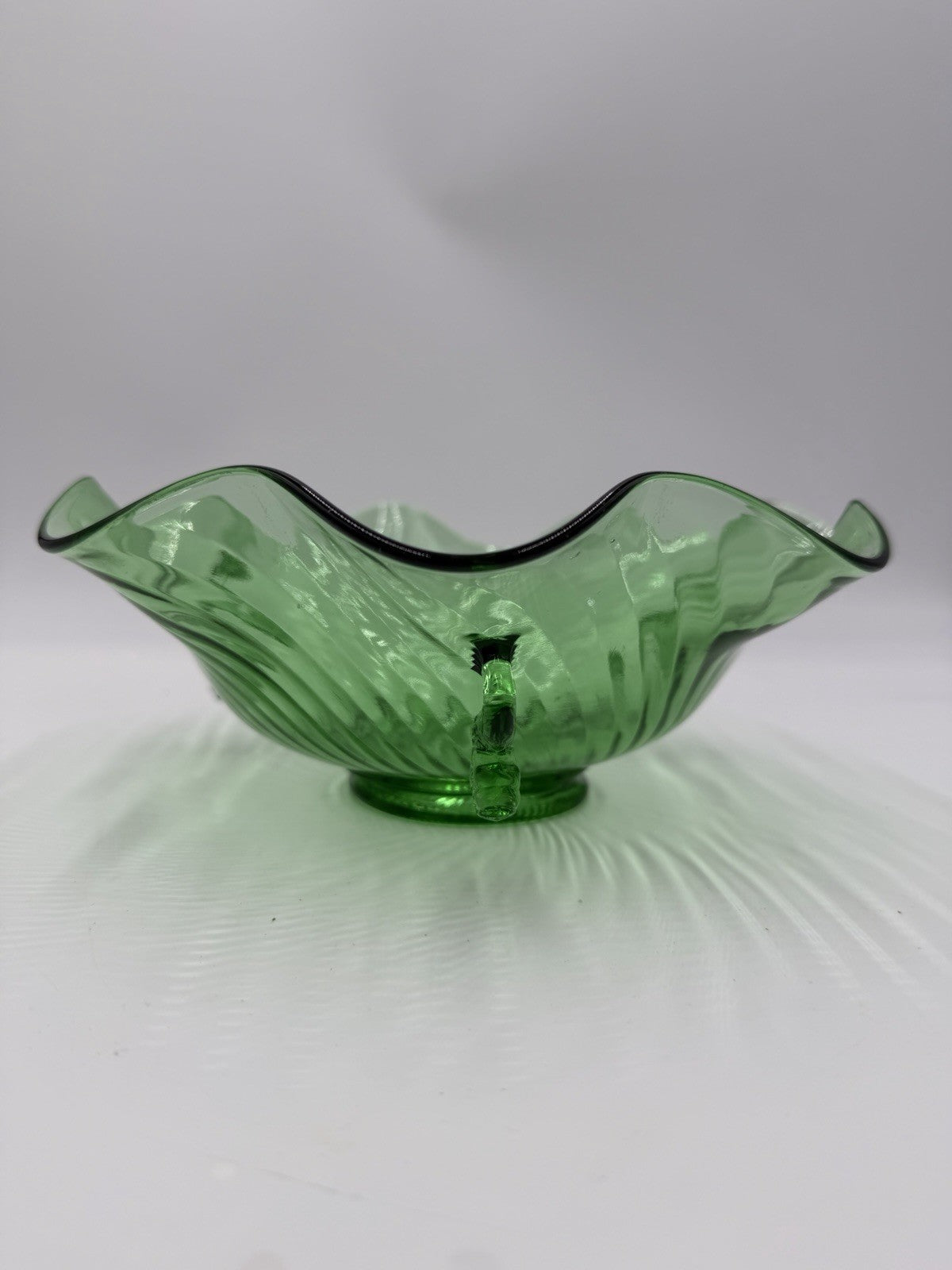 Rare Fenton Art Glass Green Emerald Scalloped Dolphin Art Deco Candy Bowl 3”x9”h