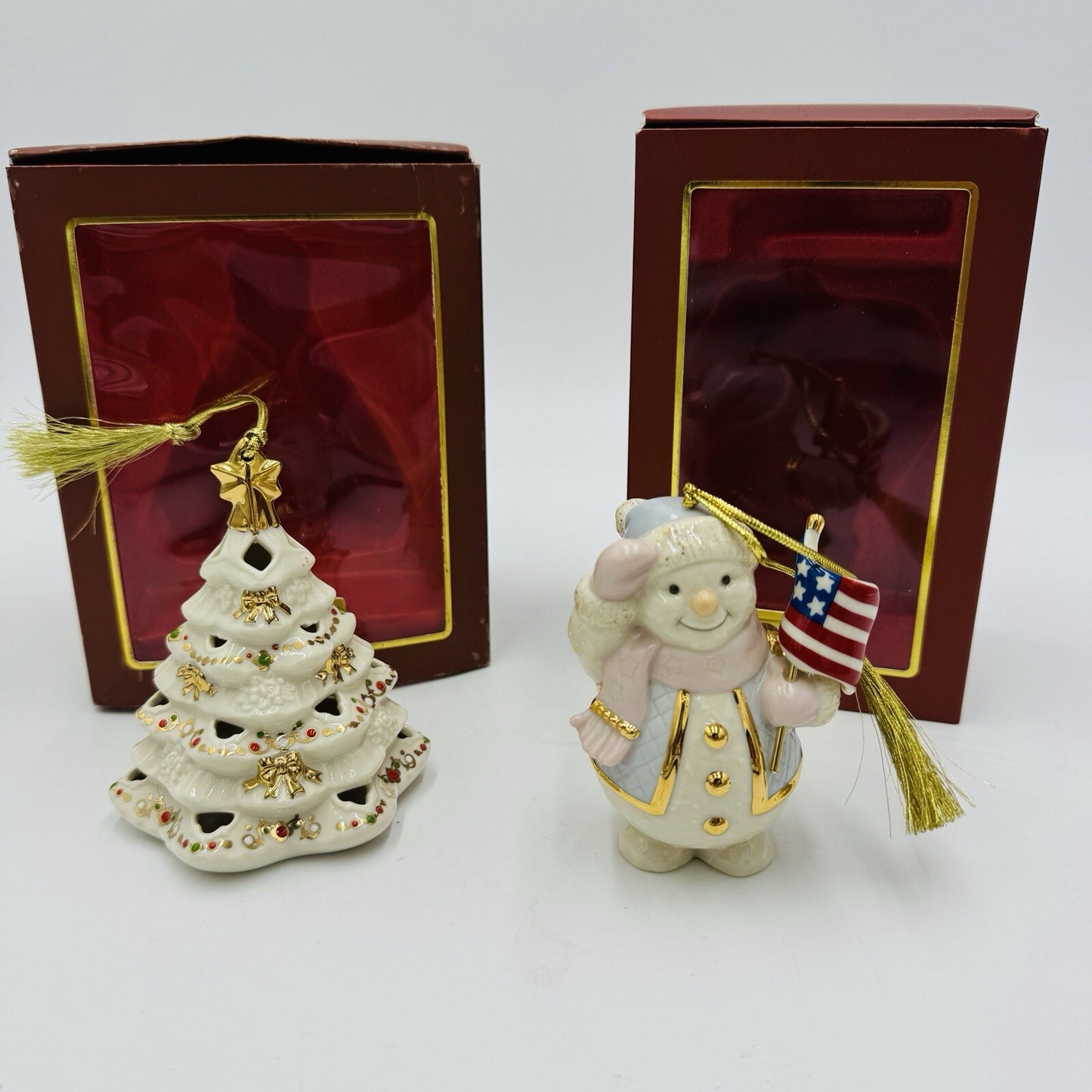 Lenox Porcelain Christmas Tree & USA Flag Snowman Ornaments