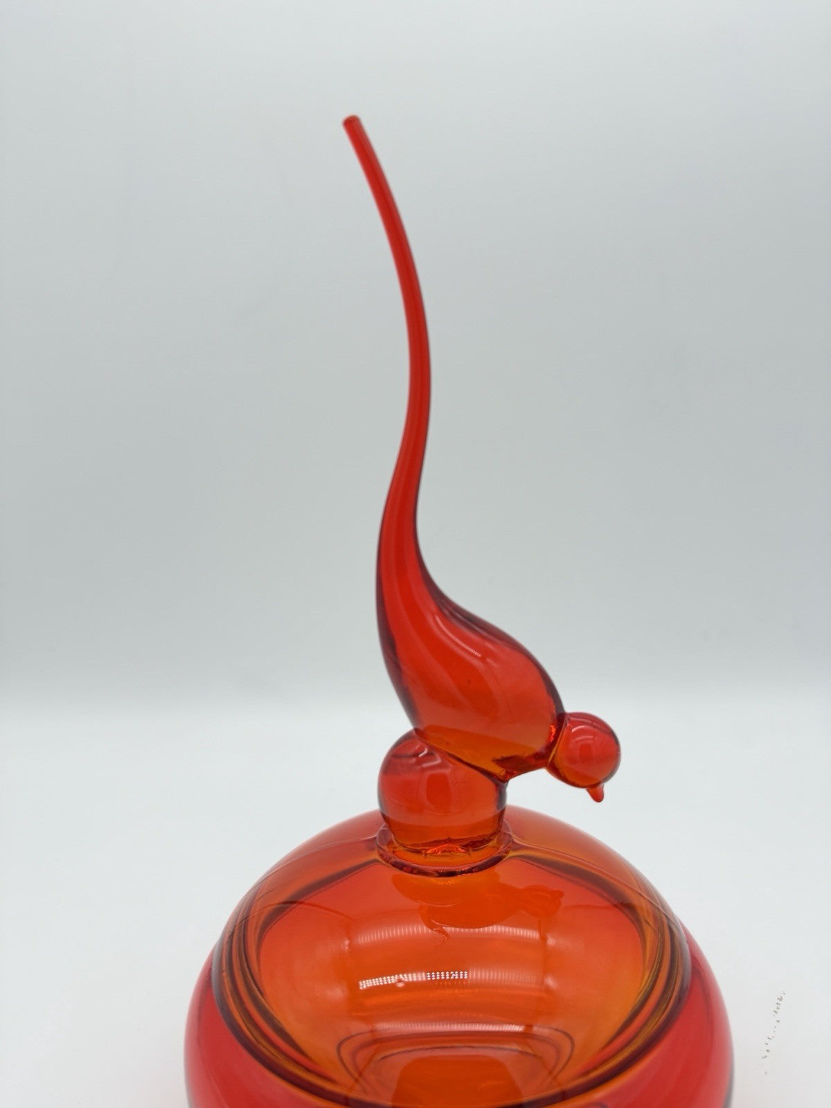Viking Epic Glass Orange Long Tail Bird Covered Dish Bowl 11”H Large MCM