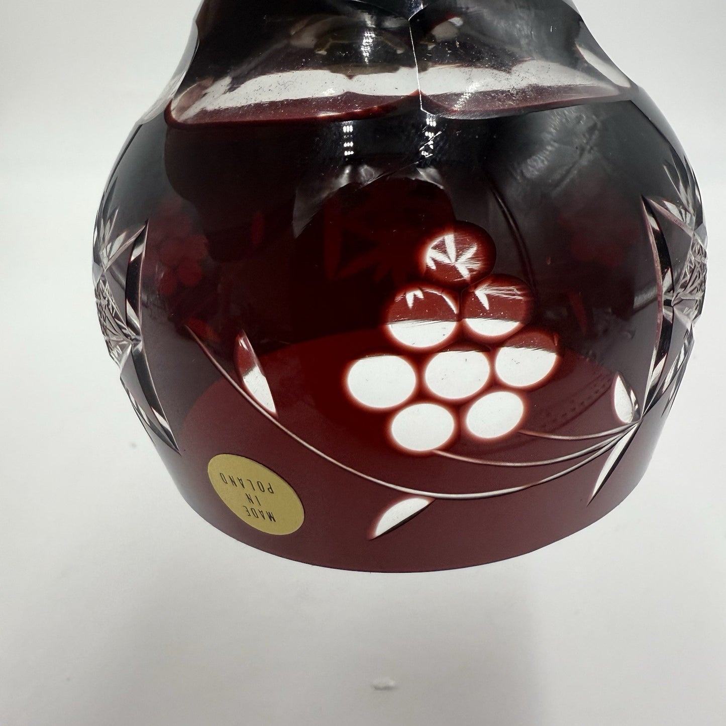 Vtg Ruby Red Art Cut Glass Crystal Bell Ornate Gold Tone Brass Handle Poland