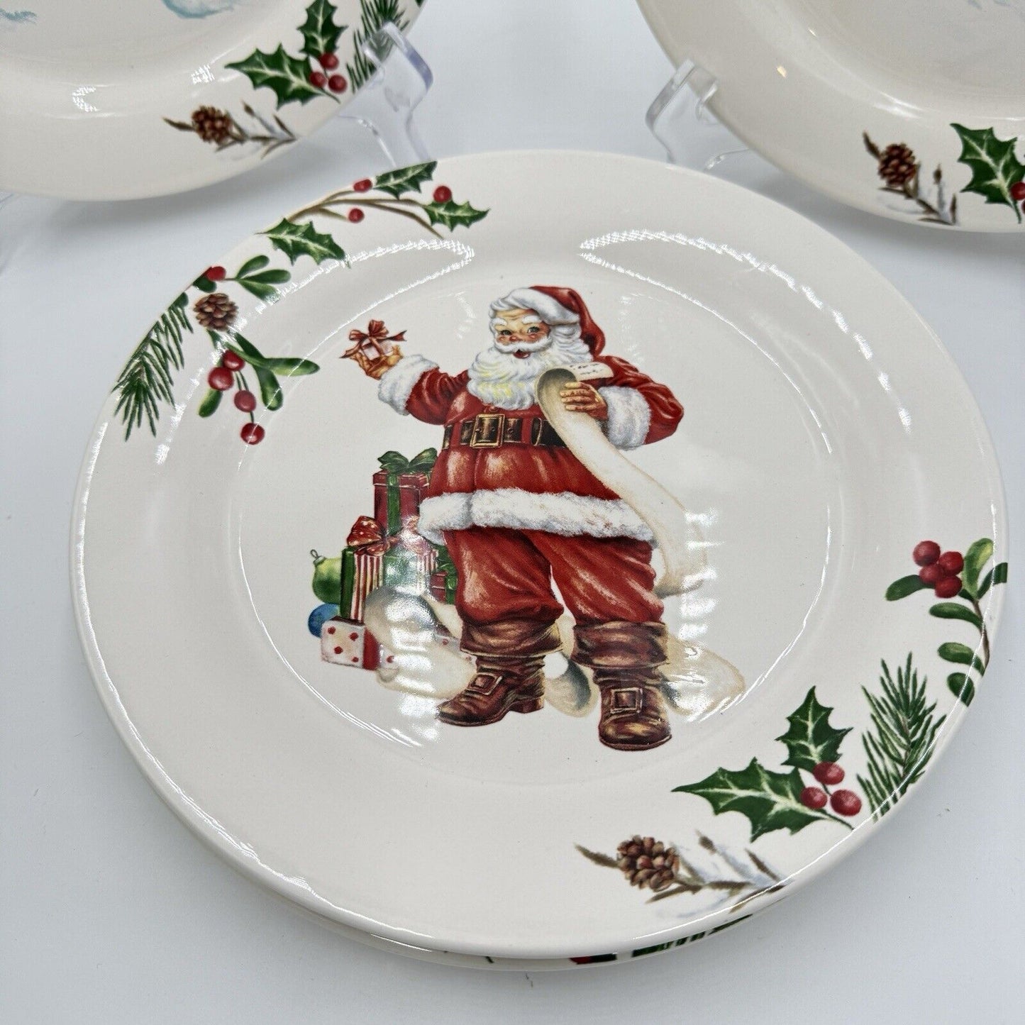 Pier 1 Ironstone Winter Wonders 9" Salad Plate 4 Different Santas White Red Rare
