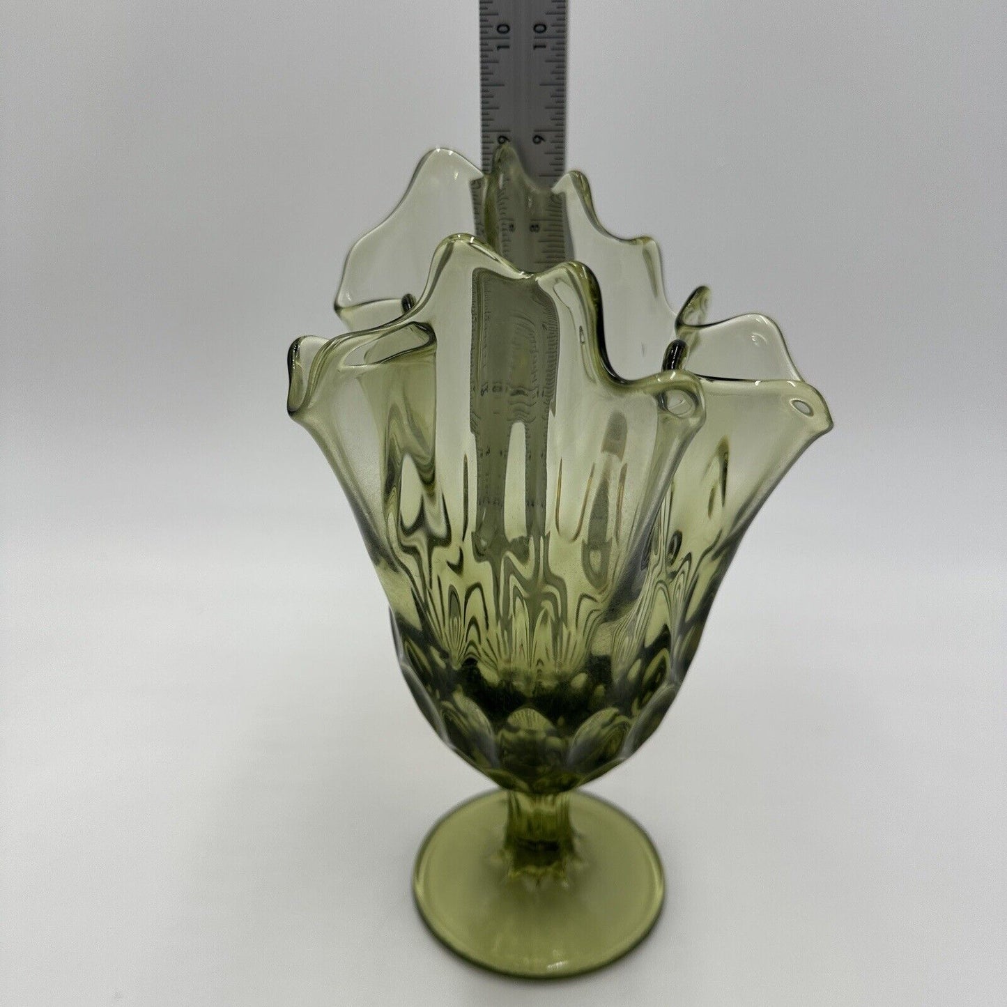 Fenton Vase Glass Colonial Green Thumbprint Handkerchief Compote Ruffled Art