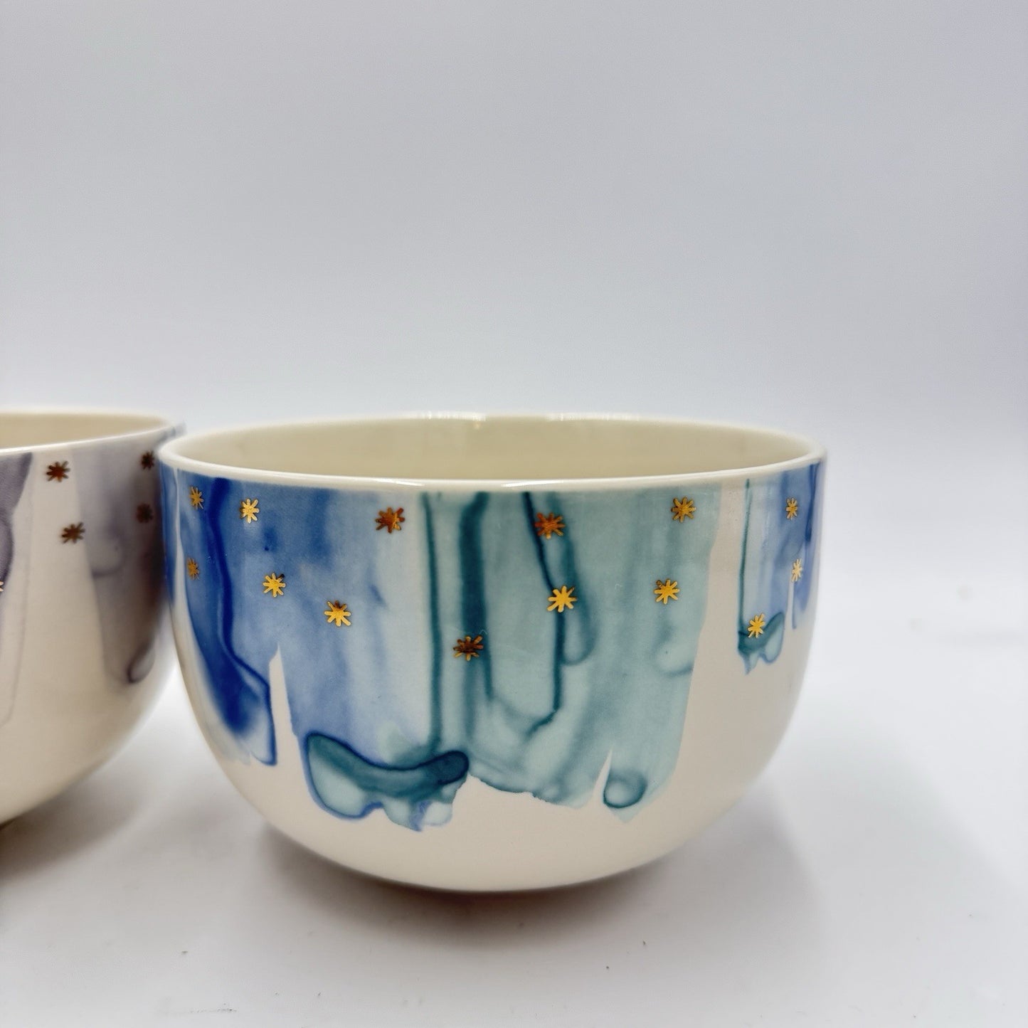 Anthropologie Night Sky Bowl Stoneware Blue Teal Drip Watercolor Wash Gold Star