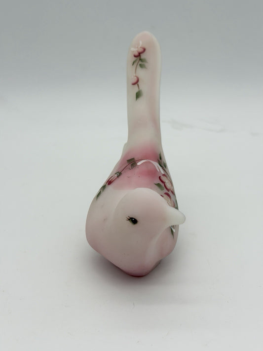 Fenton Rosaline Pink Satin Art Glass Bird Hand Painted Signed Shelley Fenton