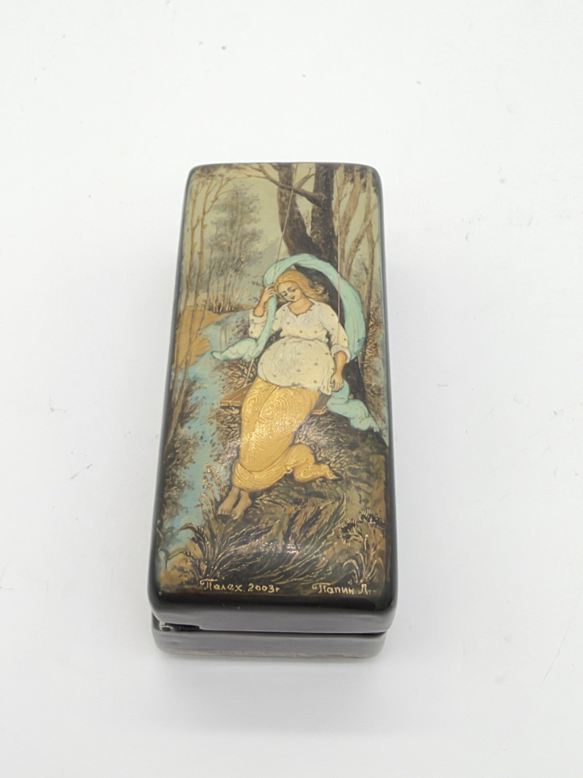 handpainted Russian lacquer miniature trinket box Palekh signed Lapin L Folk Art