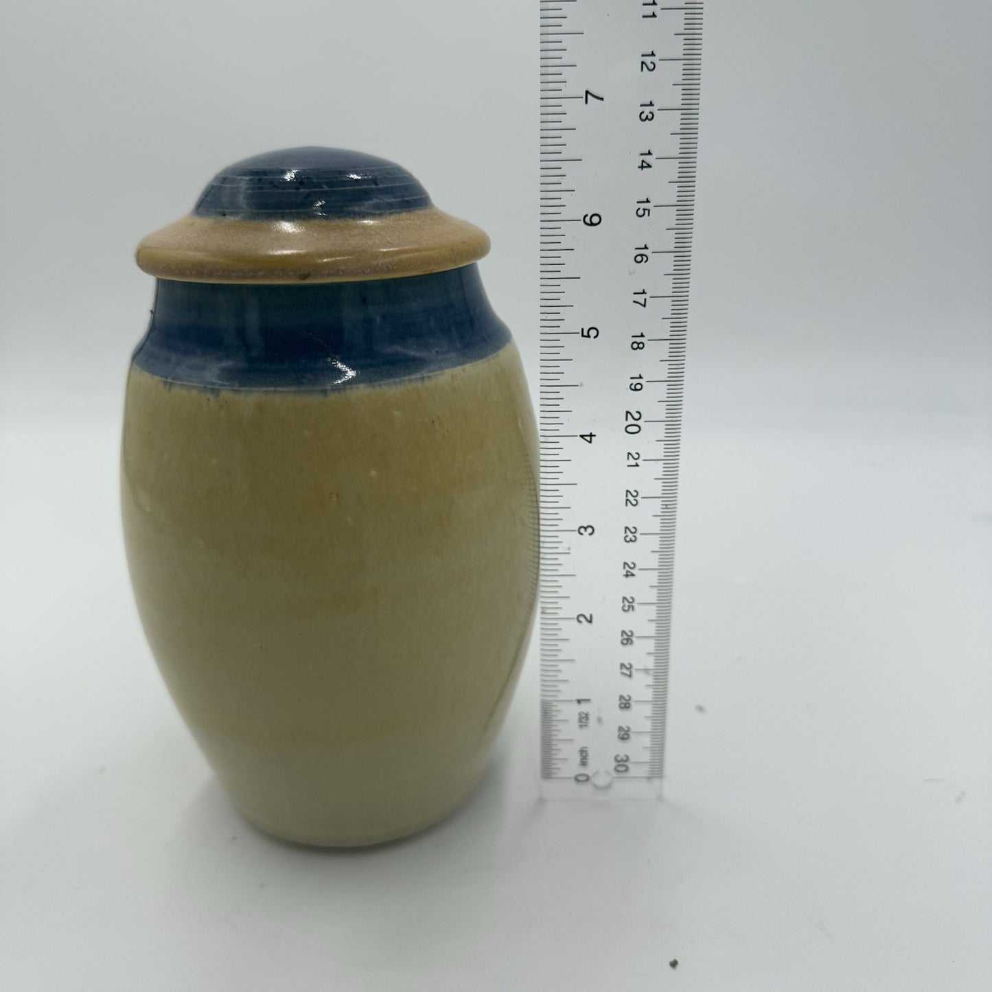 Vintage Martin Bleyer Art Pottery Urn Vase Glazed Yellow Blue W/lid 7”H