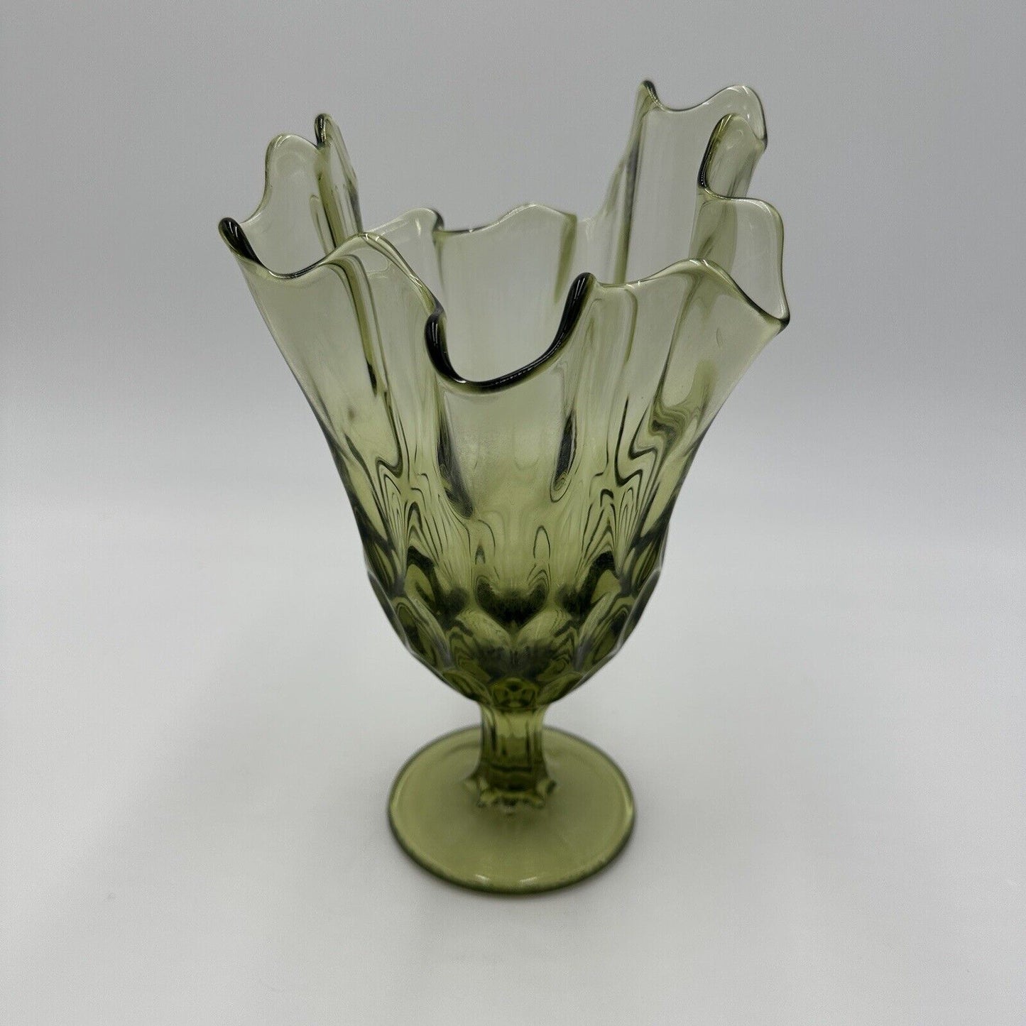 Fenton Vase Glass Colonial Green Thumbprint Handkerchief Compote Ruffled Art