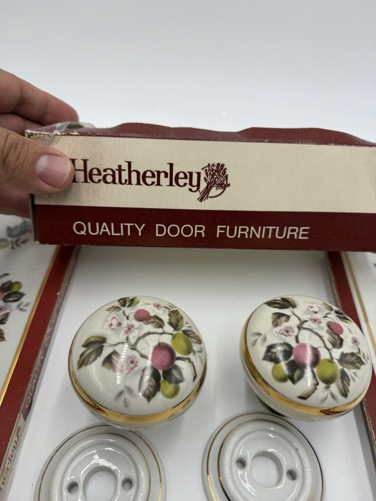 Heatherley victorian porcelain 22A Apple blossom door knob mortice set UK