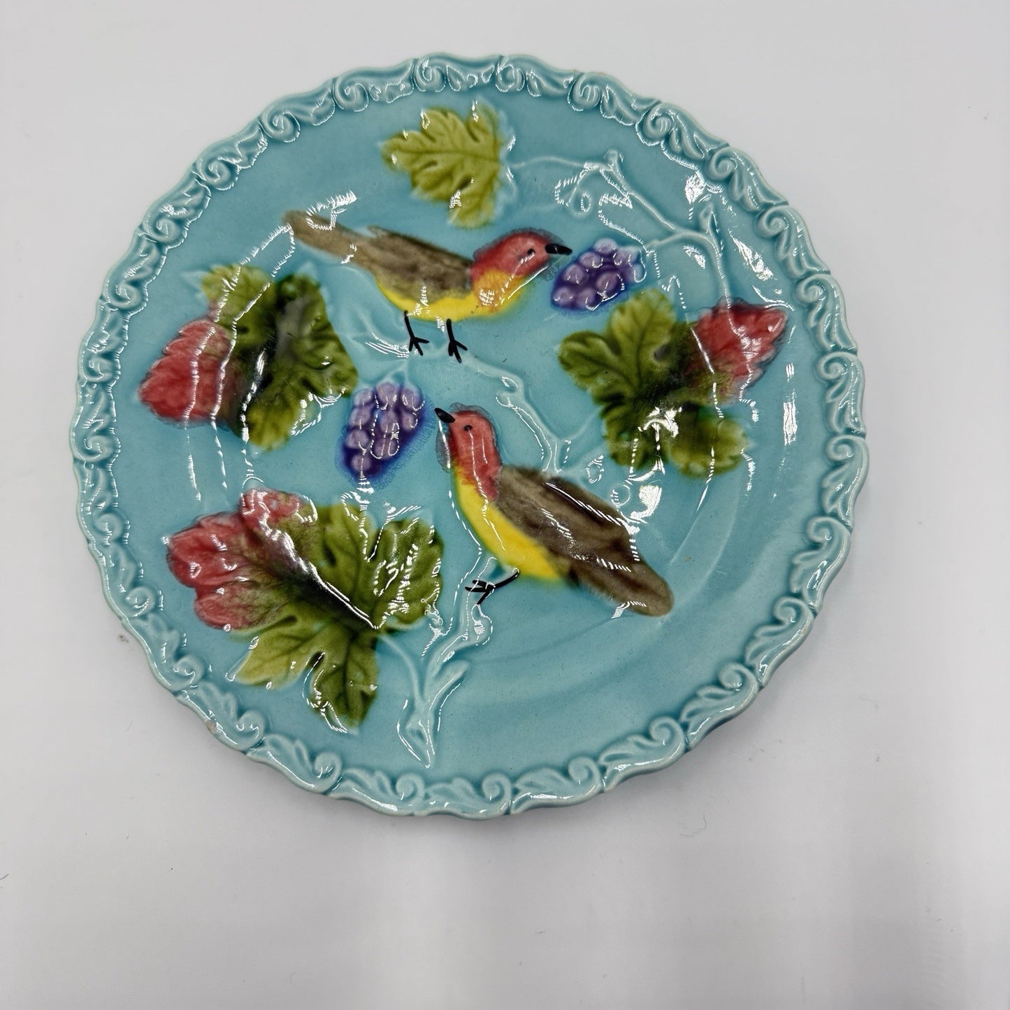 Antique 1920s Zell Germany Birds and Berries 6.5” Majolica, Turquoise Plate #230
