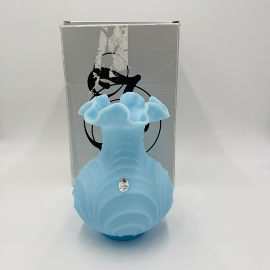 Fenton Draped Blue Satin Glass Vase Vintage Art Glass Ruffled Edge Drapery 8in