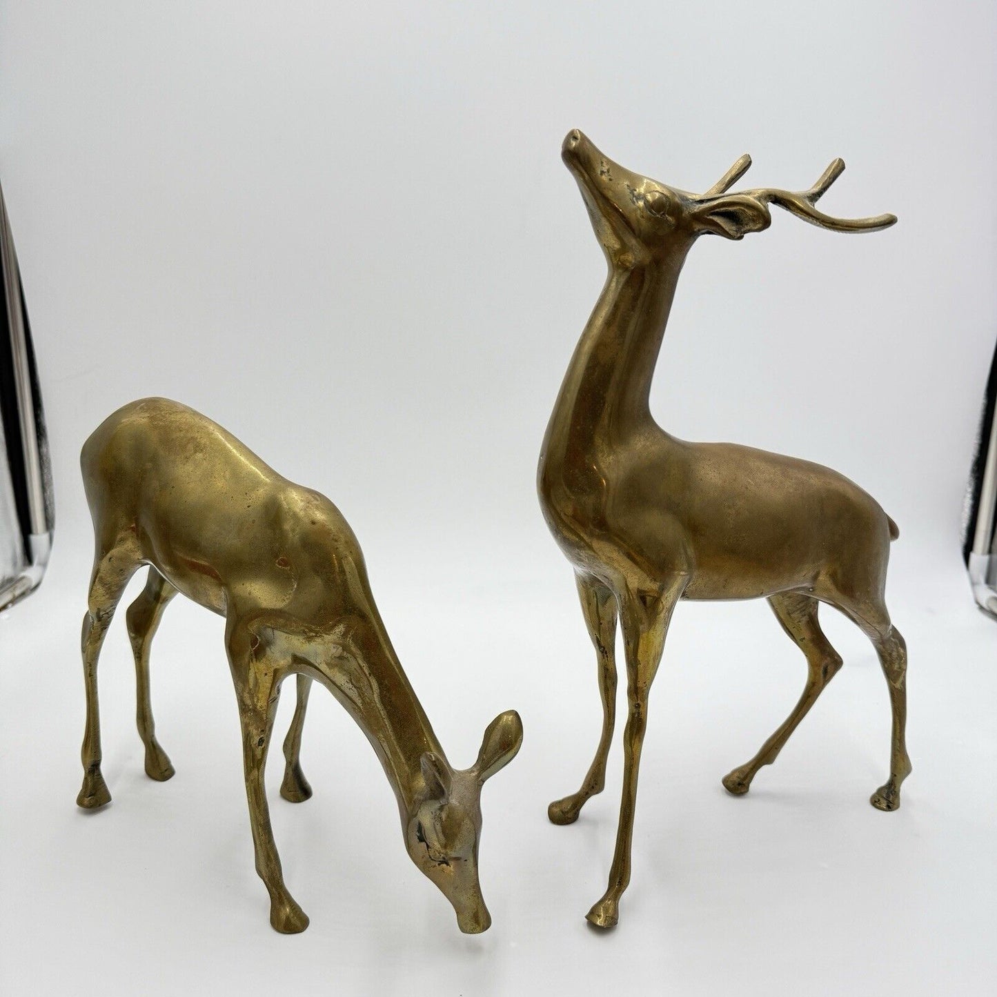 VINTAGE BRASS DEER Pair LARGE 13” Buck 9” DOE Mid Century Solid Retro Sculptures