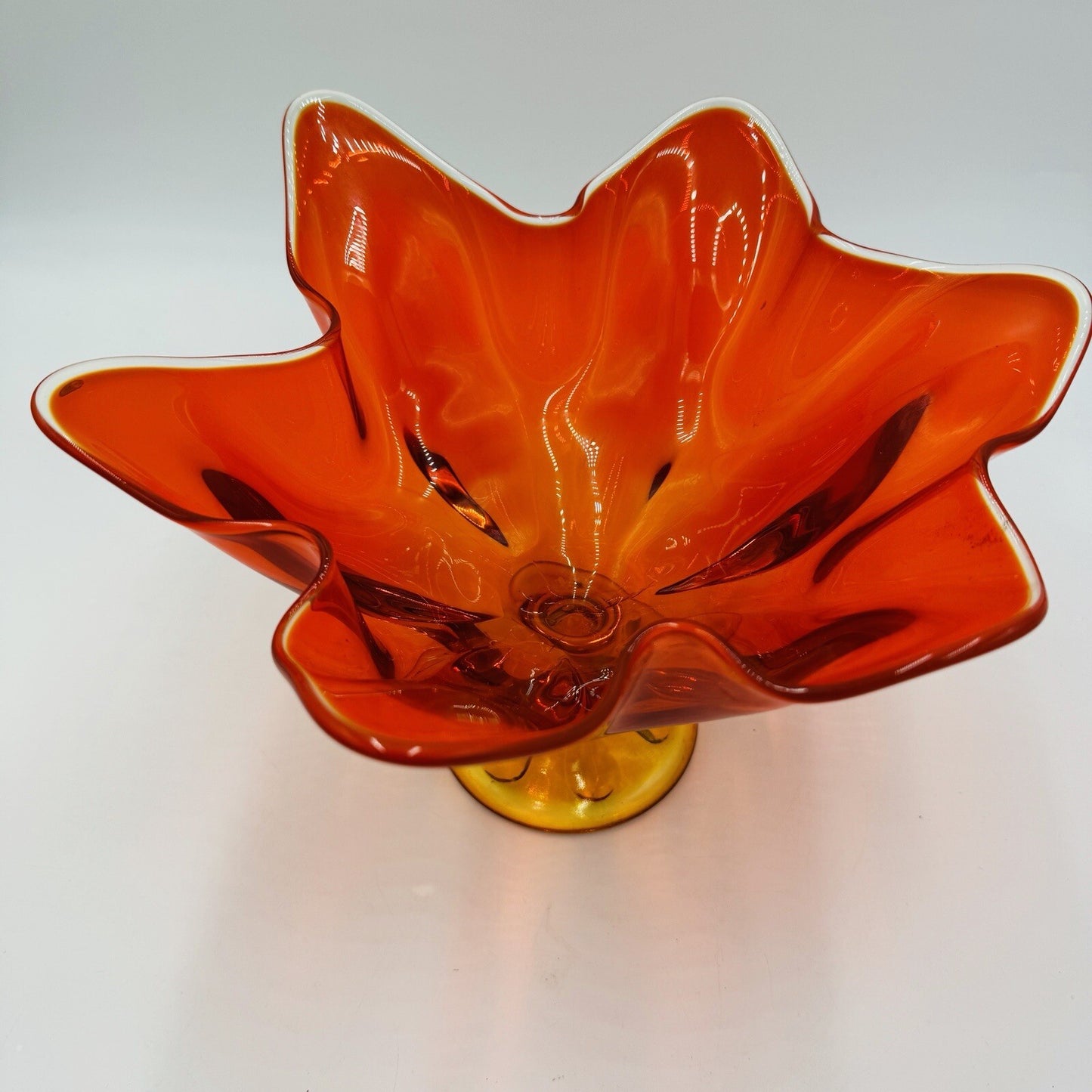 Viking Art Glass MCM Footed Amberina Orange Compote Epic 6 Petals Bowl 7.5”x 11"