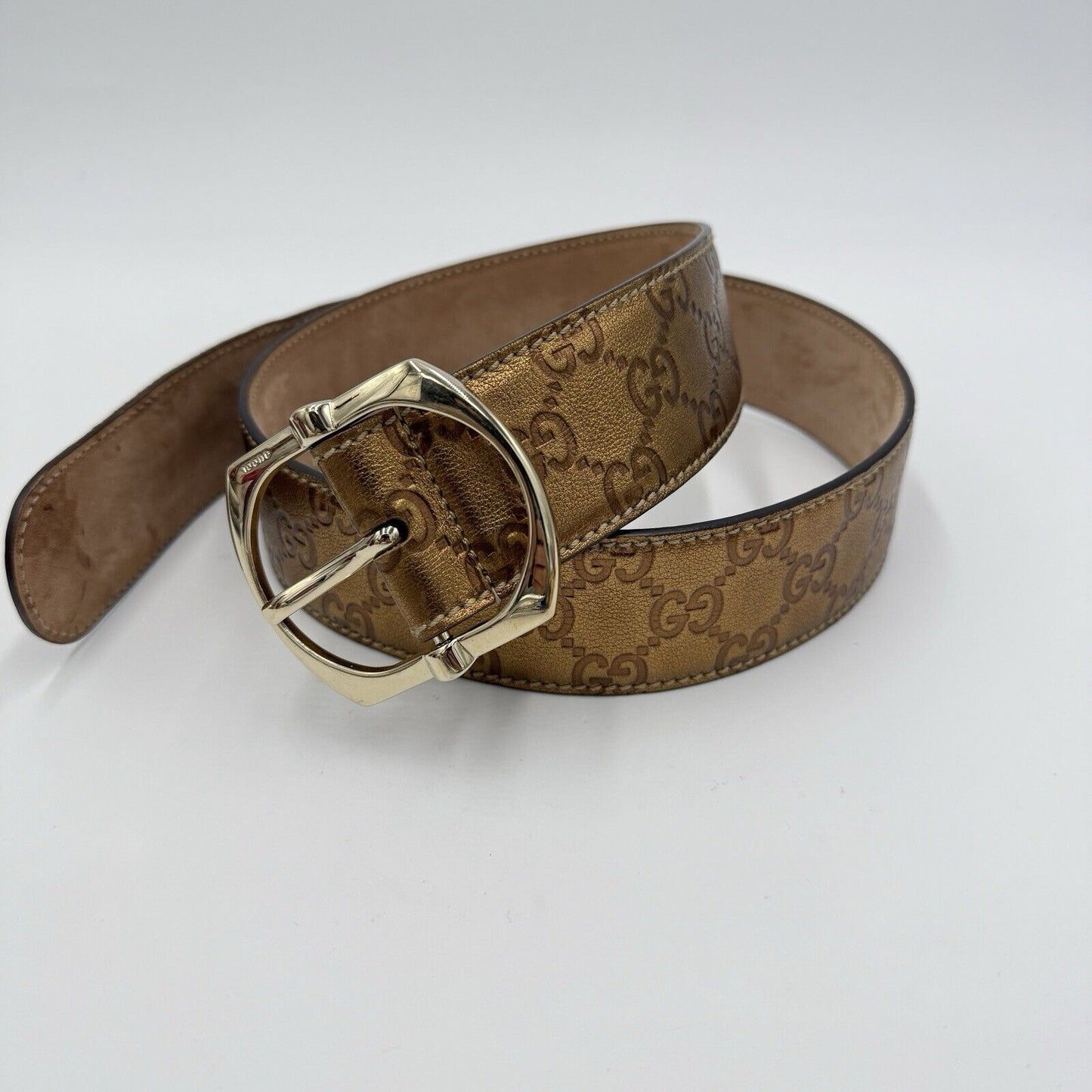 Gucci Bronze Metallic Guccissima Monogram Leather Belt Sz 85/34" Italy Authentic